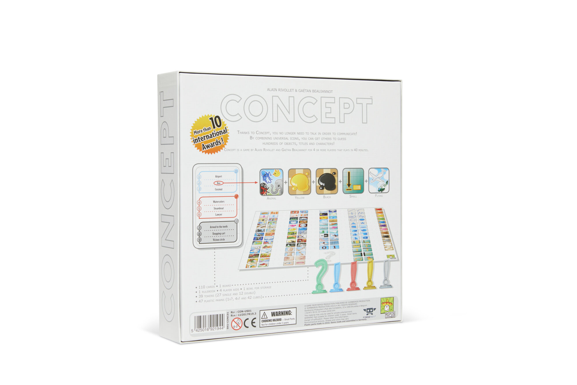 Back of a board game box for 'Concept,' featuring illustrations of game pieces, cards, and token tokens, with icons and text describing game components and features.
