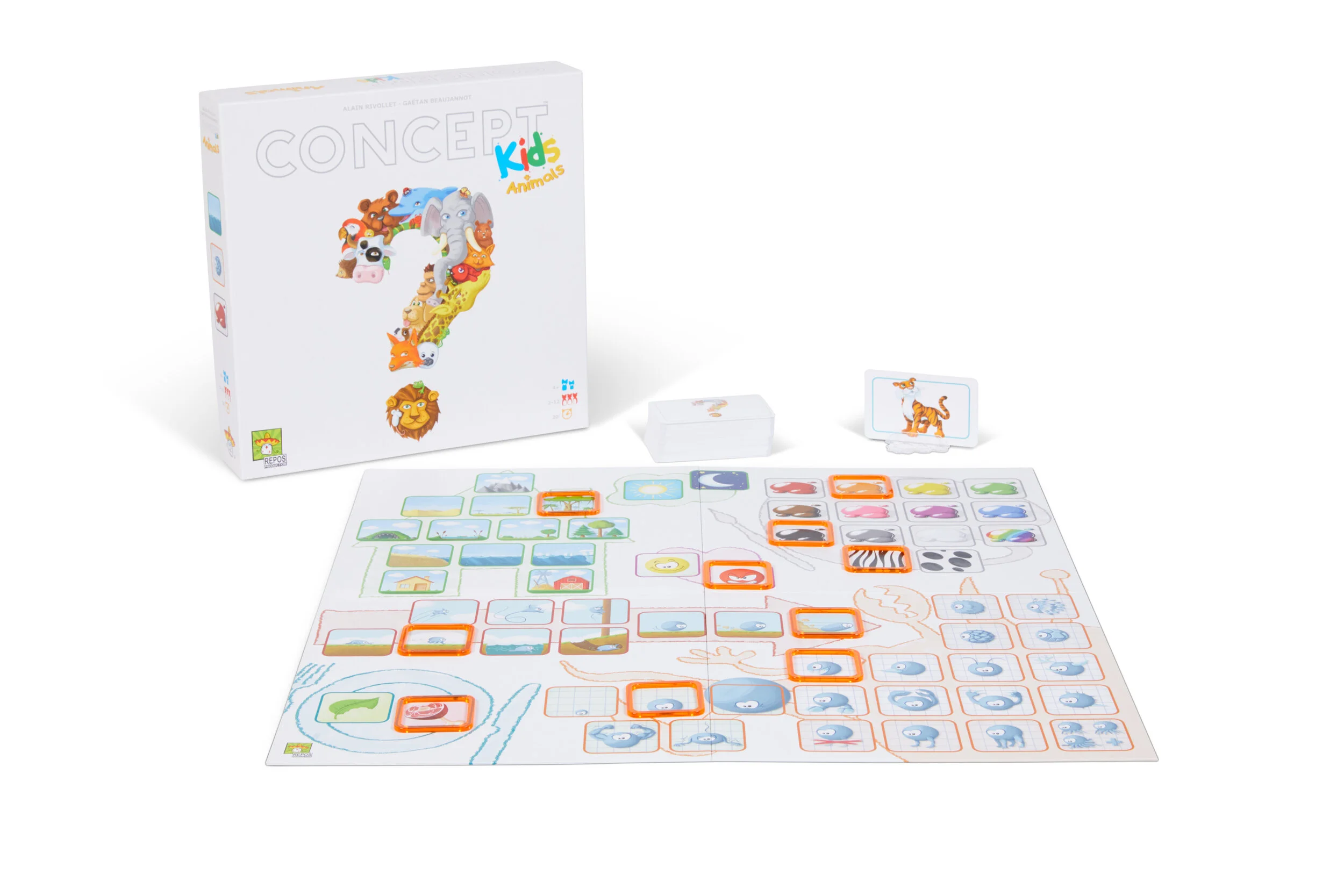 A children's board game titled 'Concept Kids Animals' featuring a colorful game board with animal images and icons, game cards with animal pictures, and a box with a large question mark made of animal illustrations.