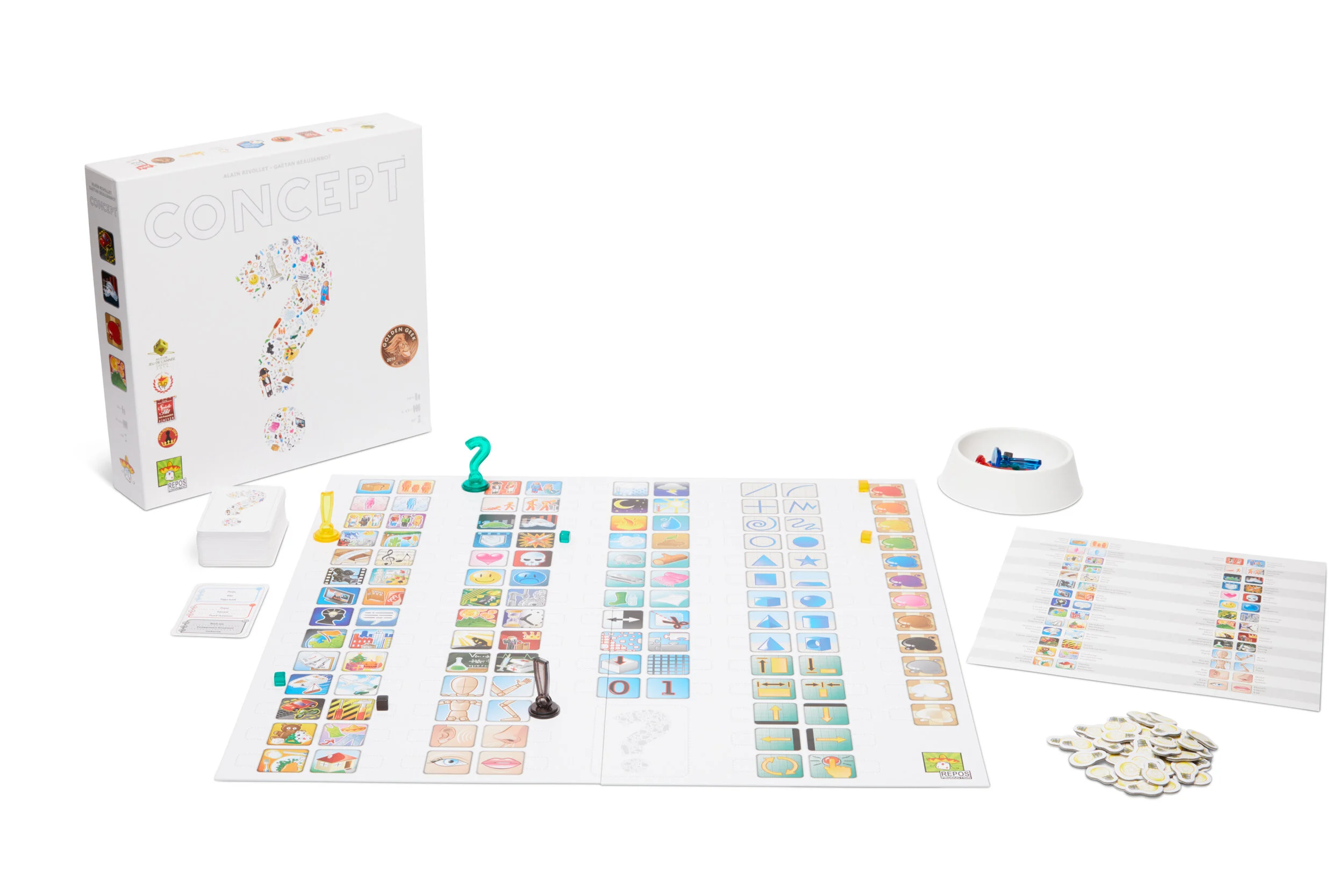 A board game setup with a game box, game pieces, cards, and a game board featuring various colorful icons and symbols.