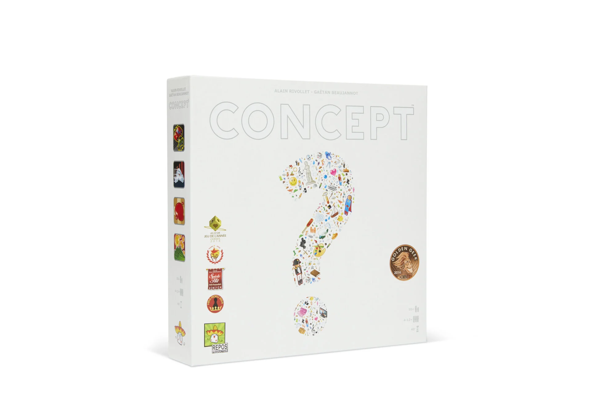 A white board game box labeled 'CONCEPT' with a colorful question mark made of small illustrations, and several award and recognition medals on its sides.