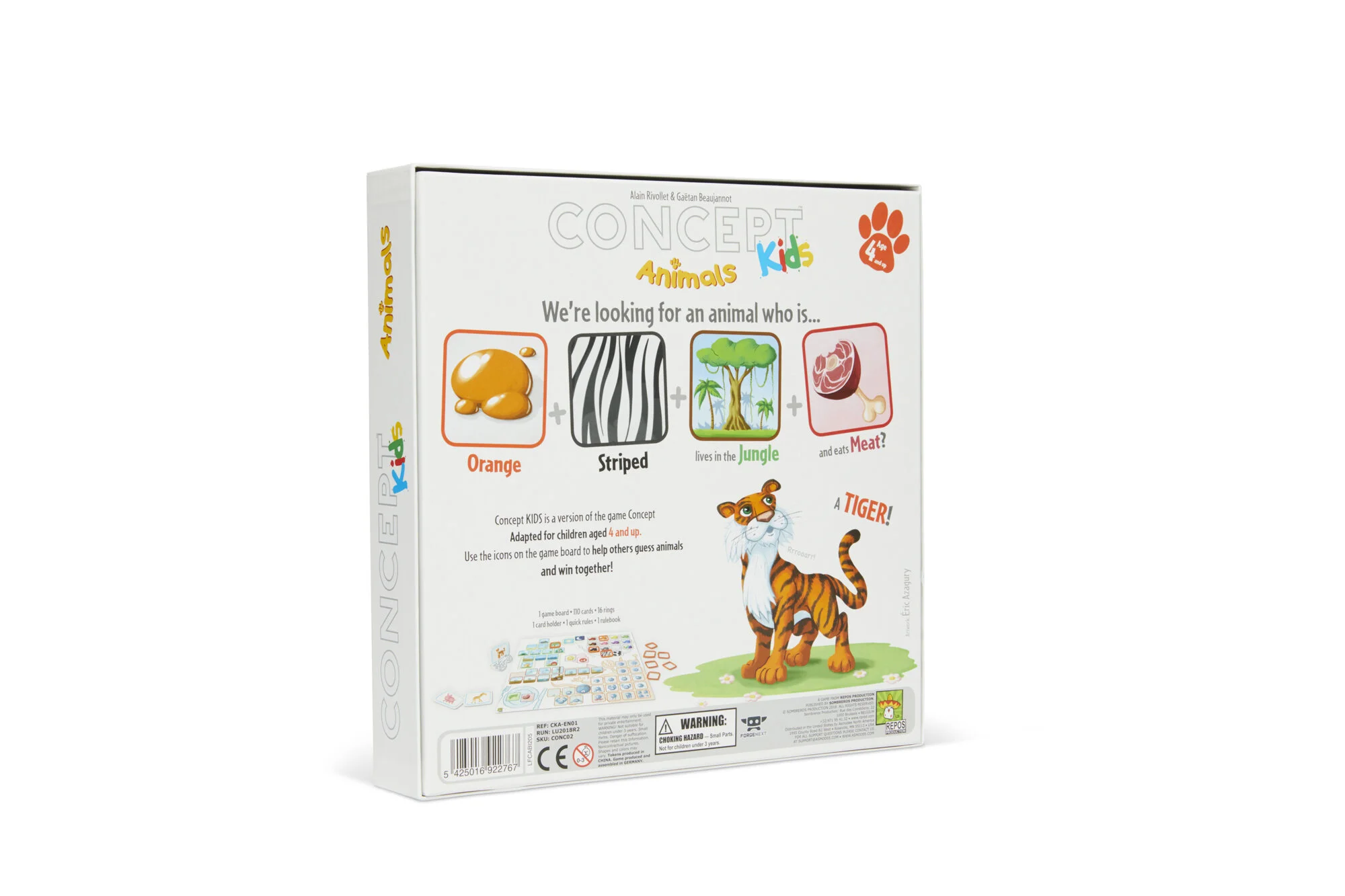 Box of Concept Kids Animals game showing a jungle tiger with the question, 'We're looking for an animal who is... orange, striped, lives in the jungle, and eats meat'.