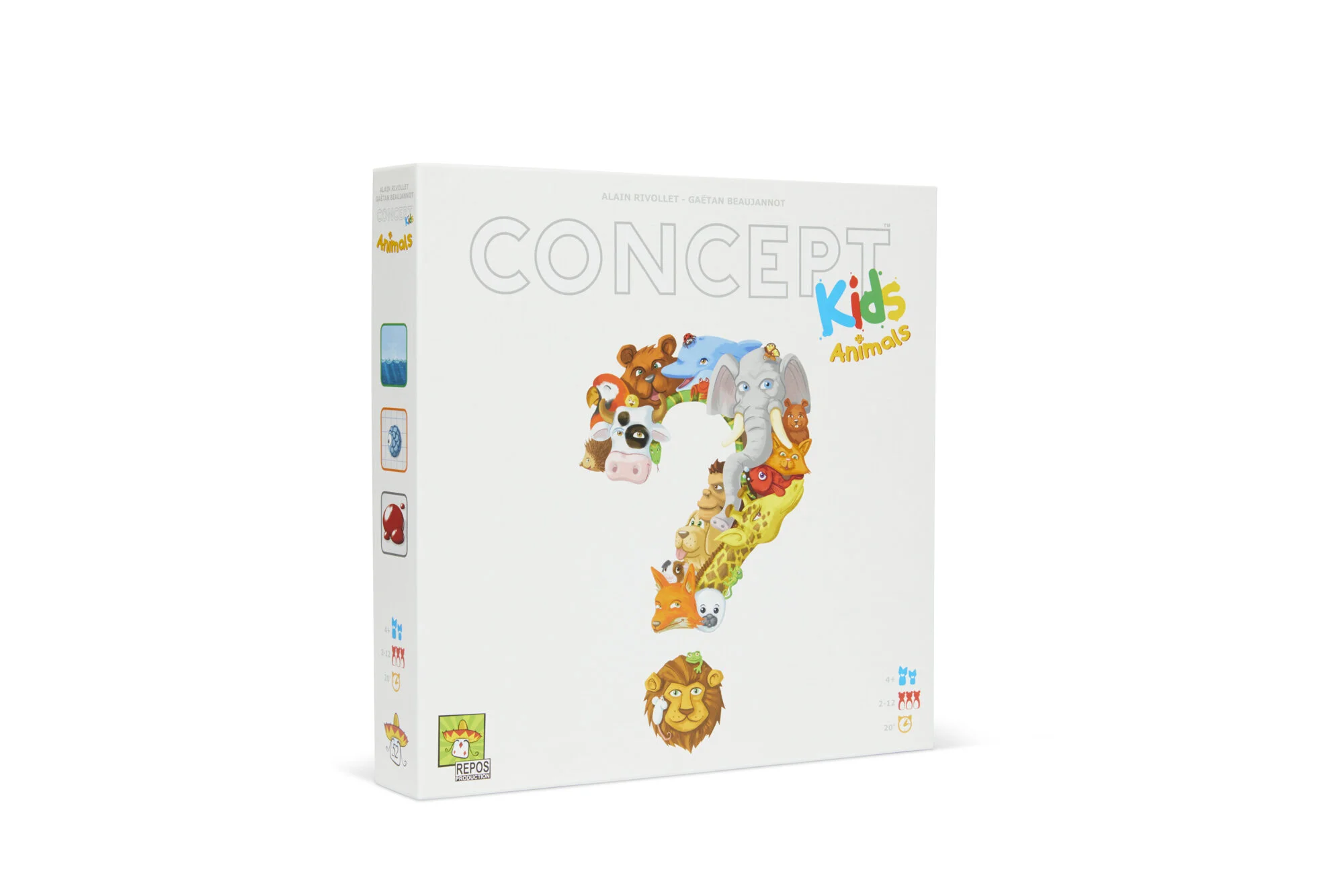 A white box for a children's animal card game called 'Concept Kids Animals' features colorful illustrations of various animals arranged in the shape of a question mark.