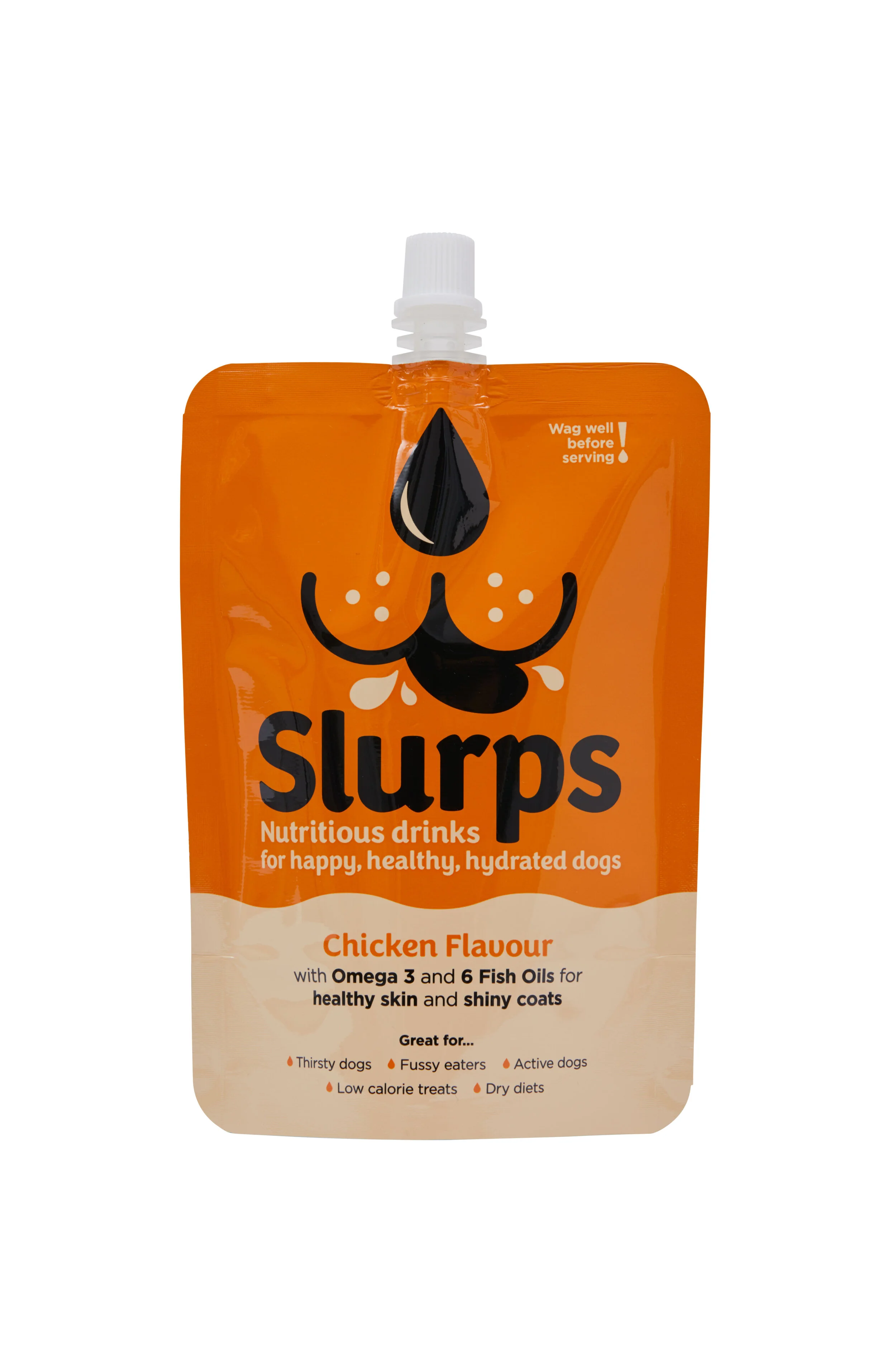 Orange dog treat pouch with a cartoon dog's nose and mouth illustration, labeled 'slurps', with text indicating chicken flavor, omega 3 and 6 fish oils, and benefits for happy, healthy, hydrated dogs.