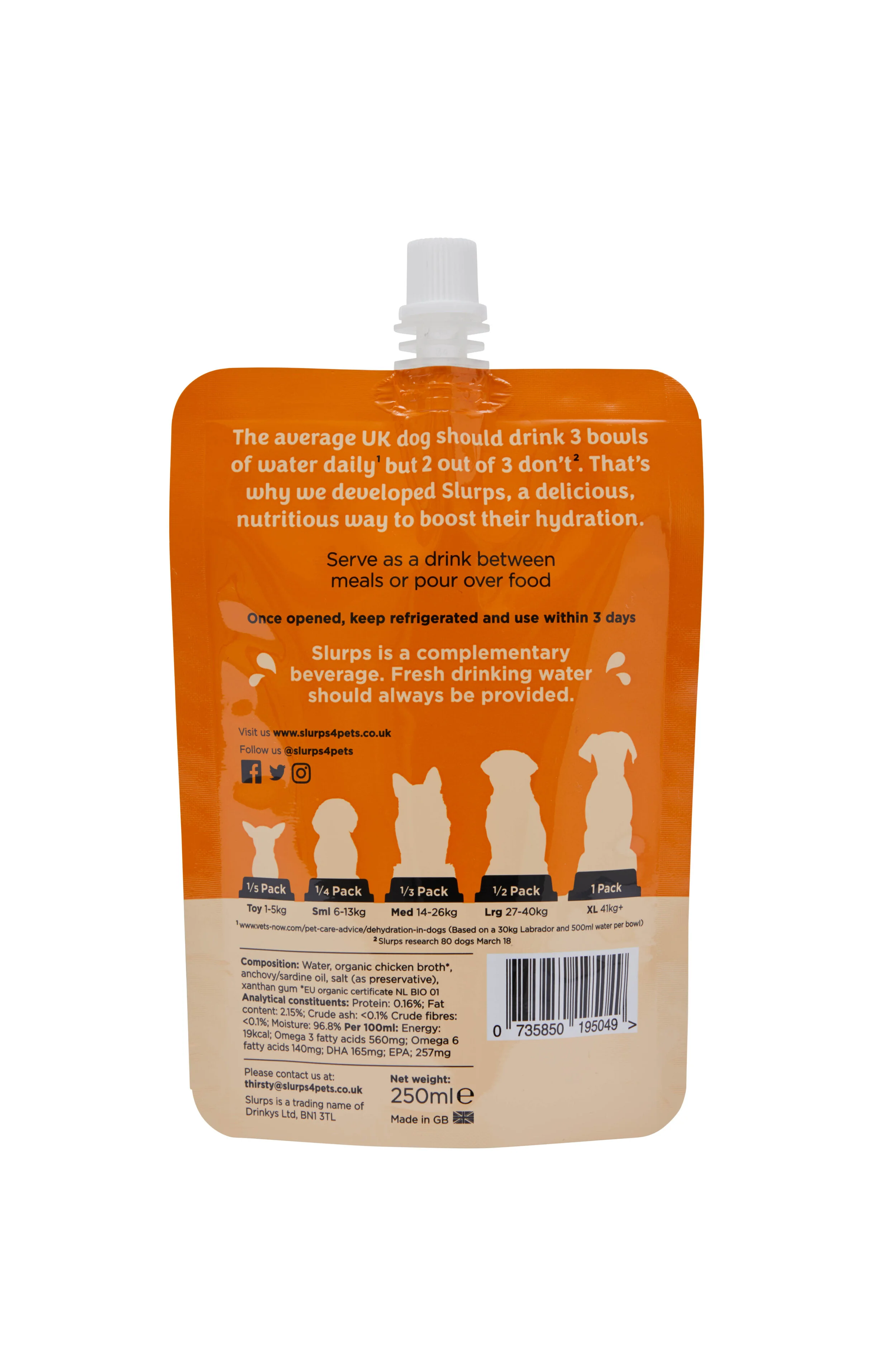 Orange pet food pouch with a spout at the top, featuring text about dog hydration and sizes of dog food portions, along with icons of social media and a barcode at the bottom.