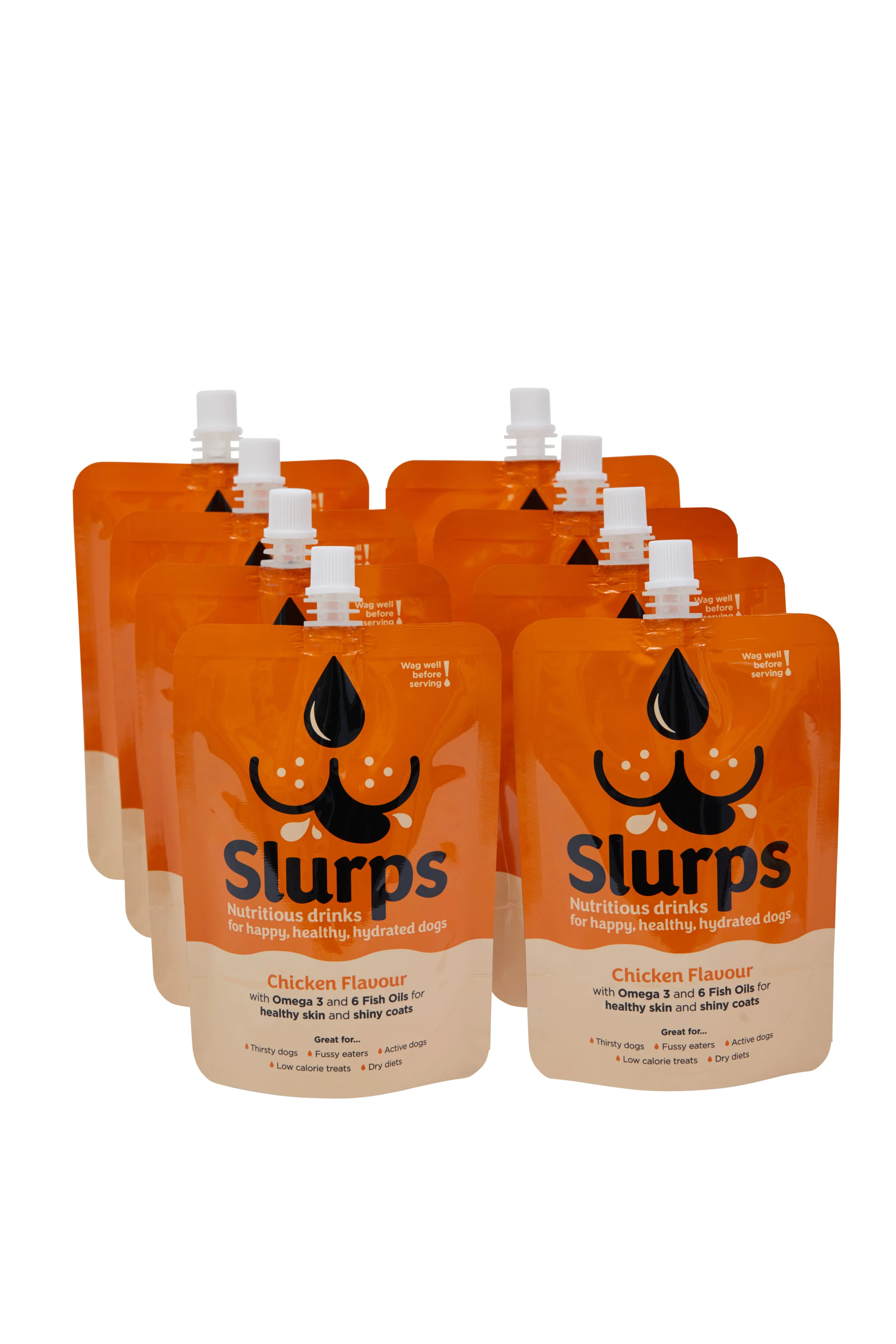 Multiple orange pouches of dog treats labeled 'Slurps' with chicken flavor, Omega 3, and fish oils, designed for healthy, hydrated dogs.