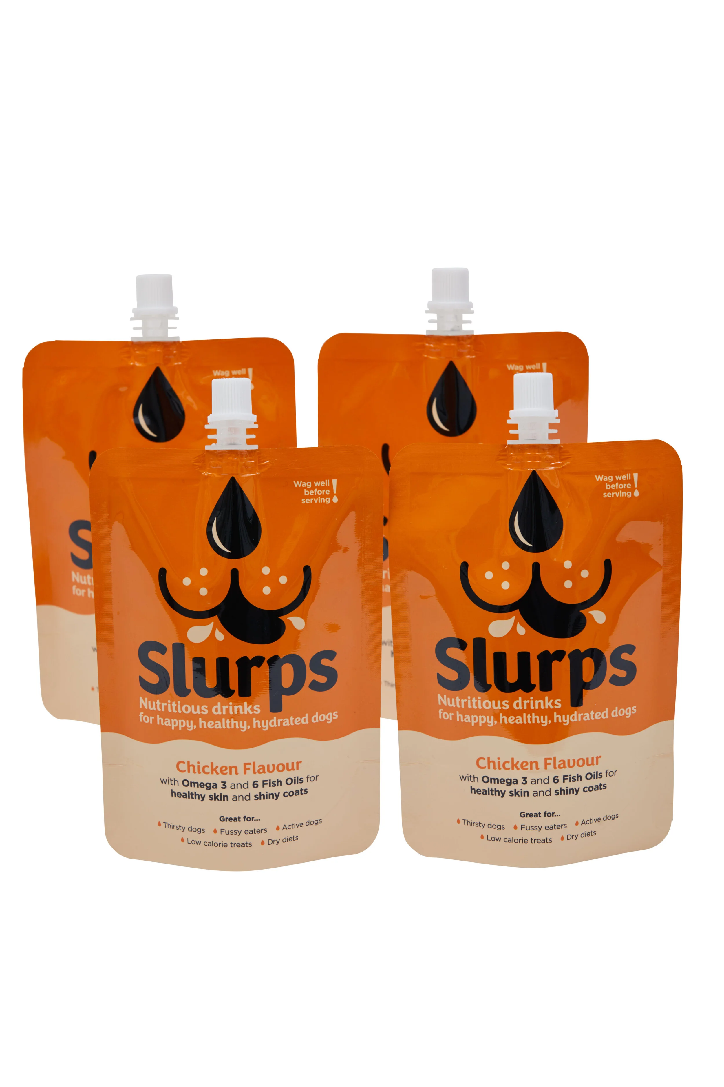 Four orange dog treat pouches labeled 'Slurps' with a smiling animal face graphic, promoting chicken flavor with Omega 3 and 6 Fish Oils, designed for healthy skin and shiny coats.
