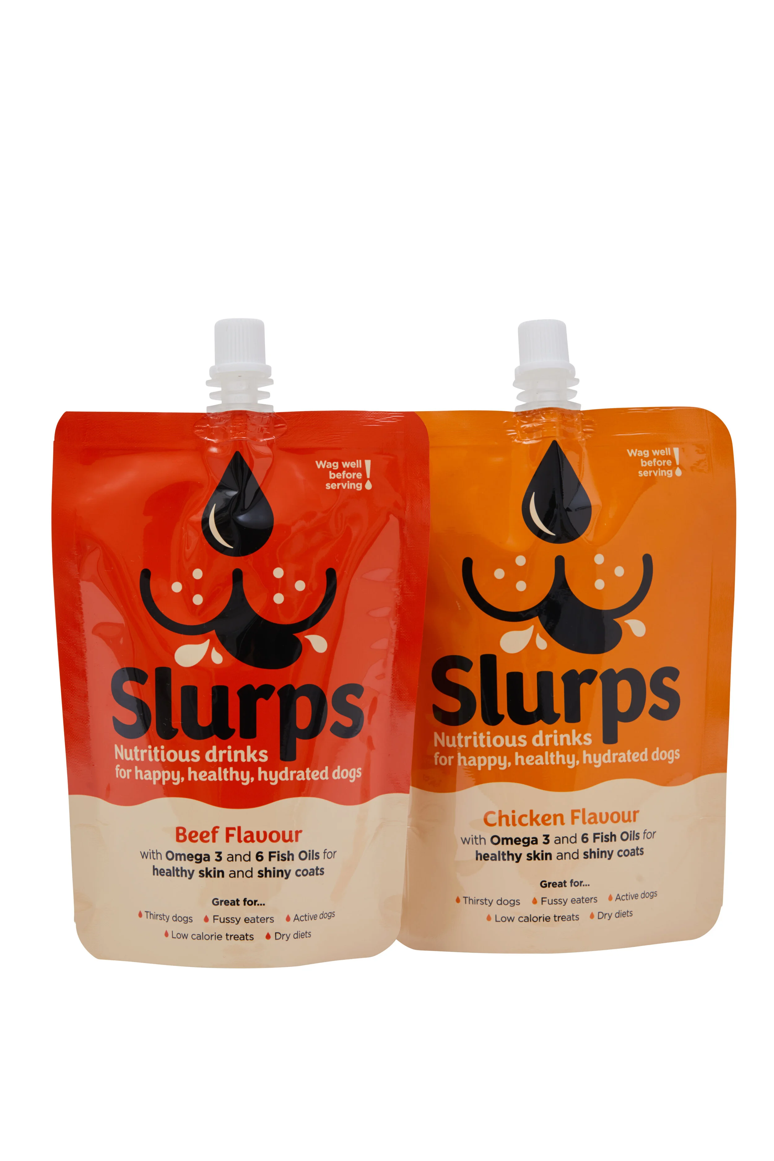 Two pouches of Slurps dog treats, one beef flavor and one chicken flavor, featuring a cartoon dog's face on the packaging. The text highlights nutritious drinks with Omega 3 and Fish Oils for healthy skin and shiny coats.