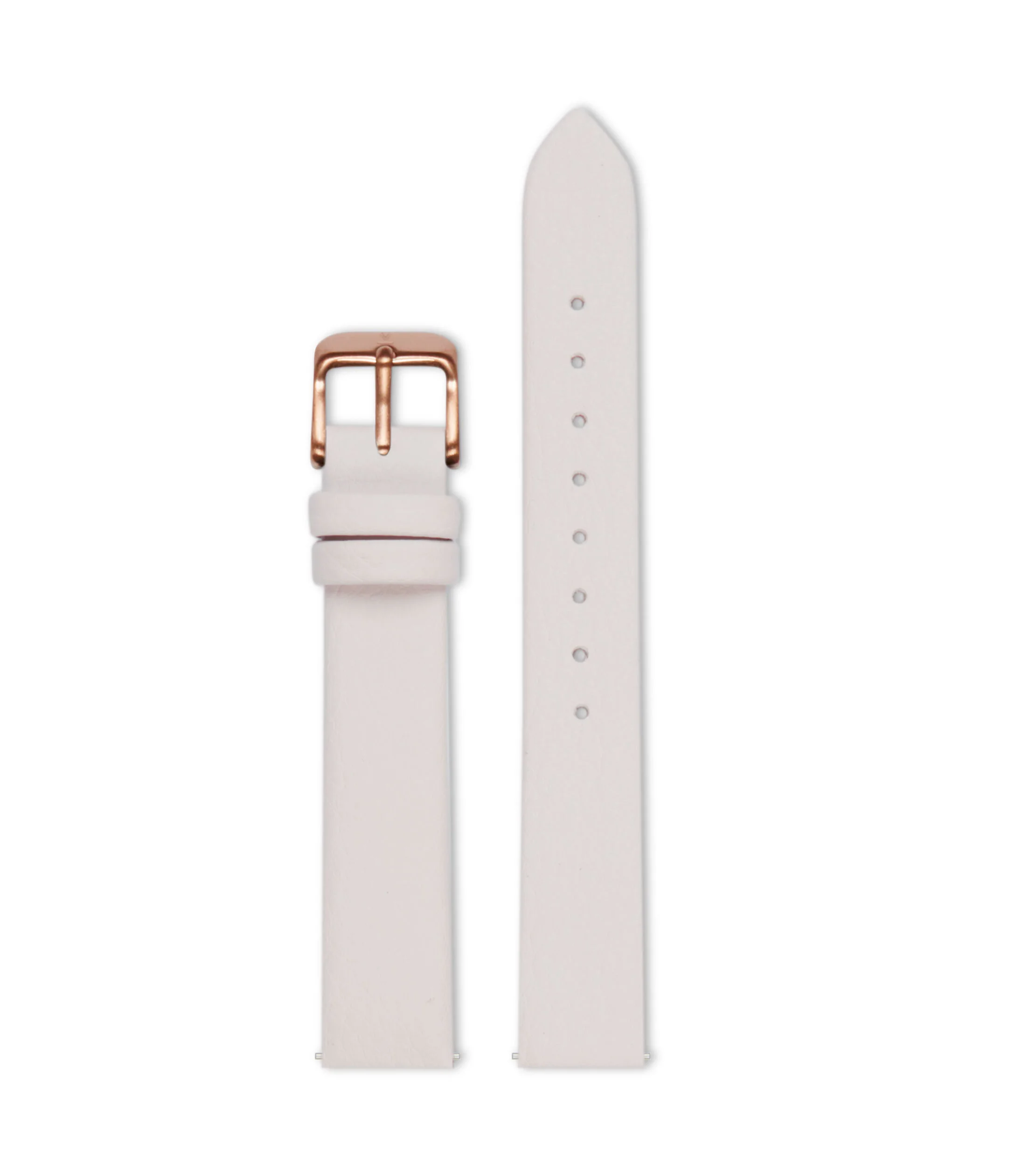 White watch strap with a rose gold buckle and a long adjustable strap with multiple holes.