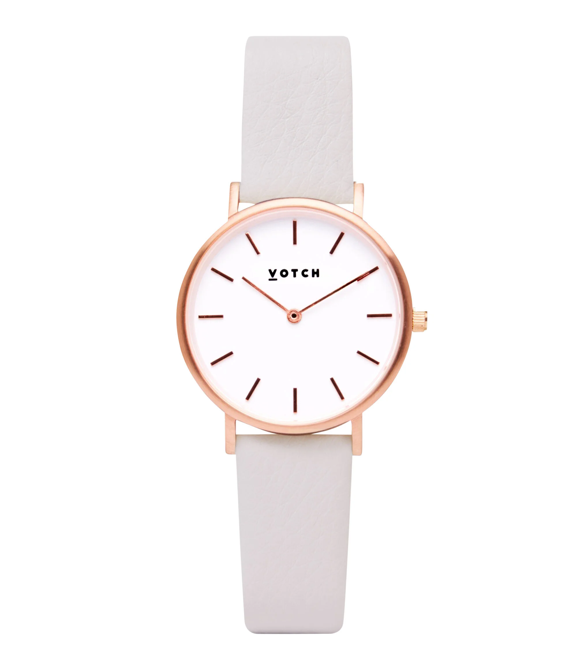 A minimalist wristwatch with a white strap, rose gold casing, white dial, and black hour markers, with the brand name 'Votch' on the face.