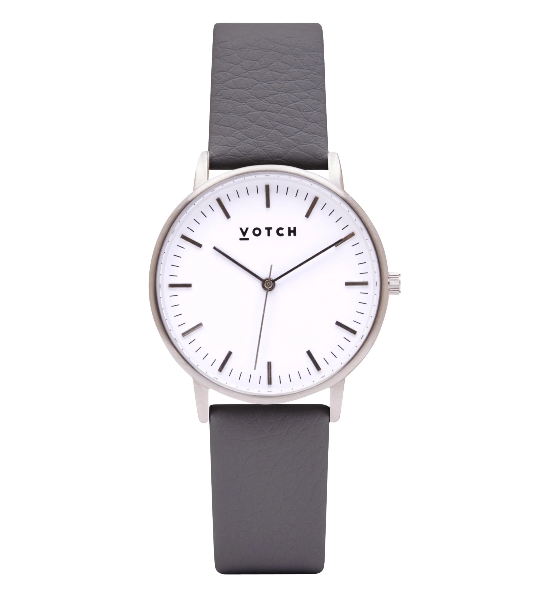 A wristwatch with a white face, black hour markers, and hands, a smaller second hand, and a grey leather strap.