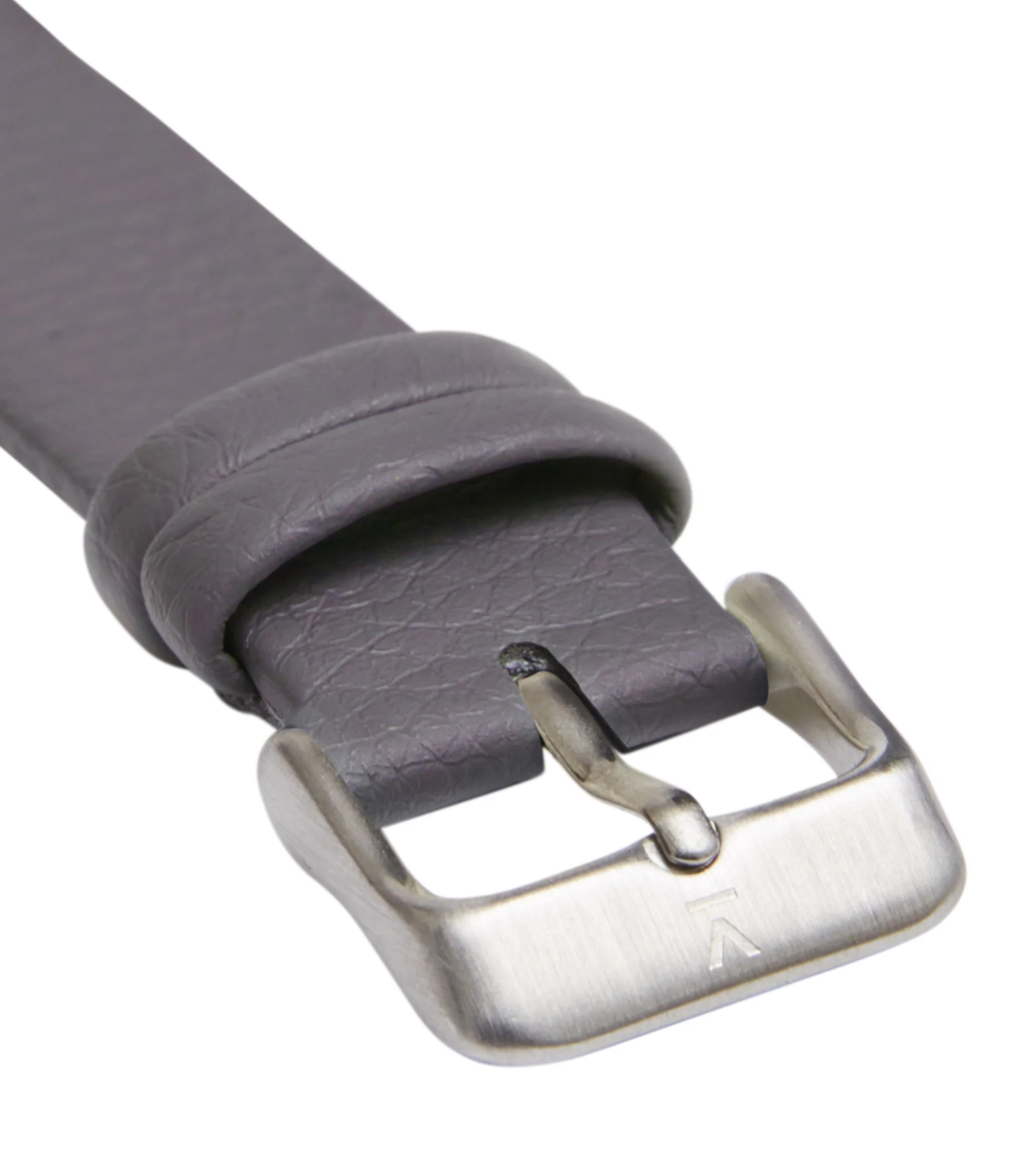 Close-up of a gray leather belt with a silver buckle on a white background.