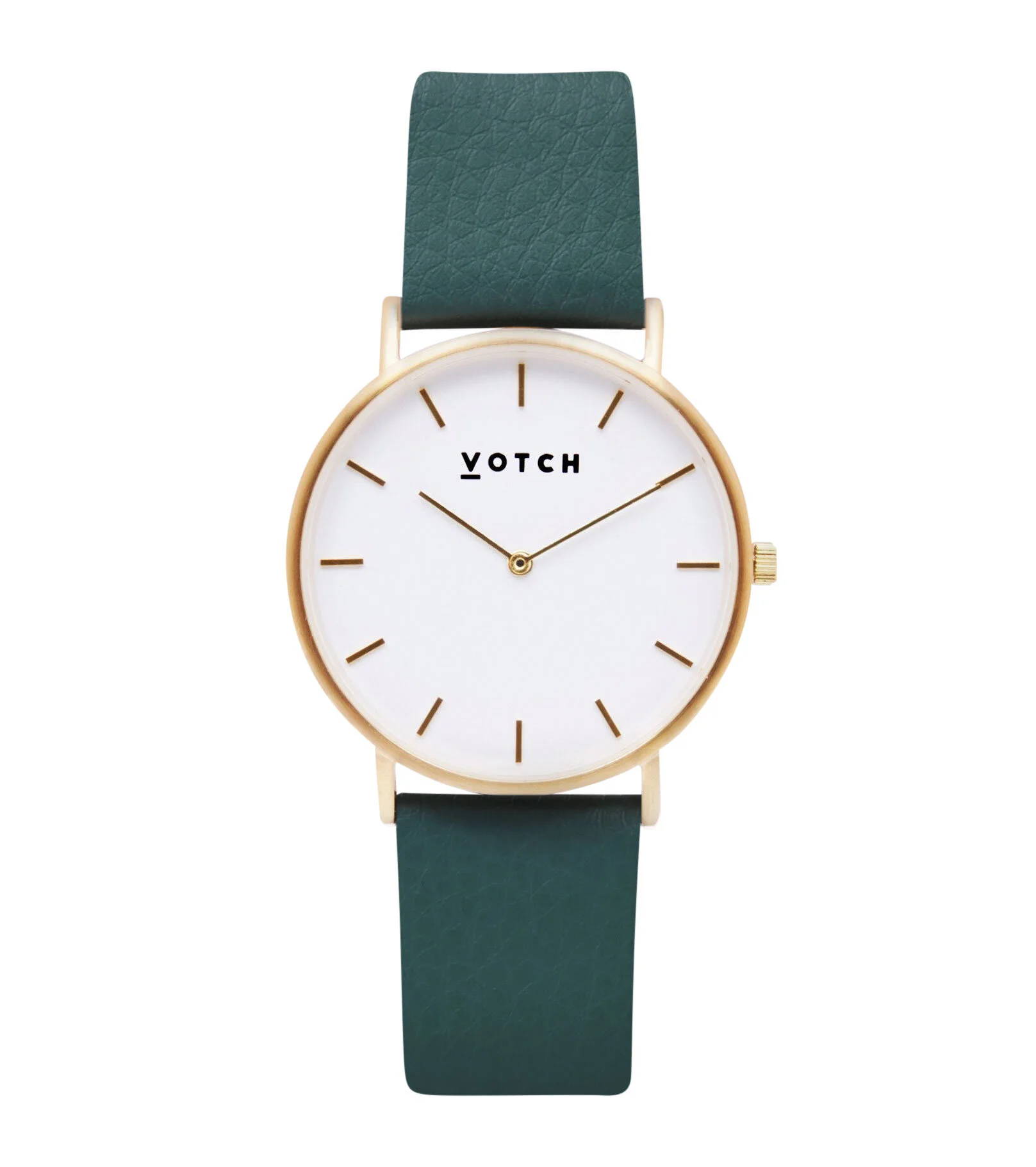 A wristwatch with a gold case, white face, minimalist black hour markers, and green leather strap.