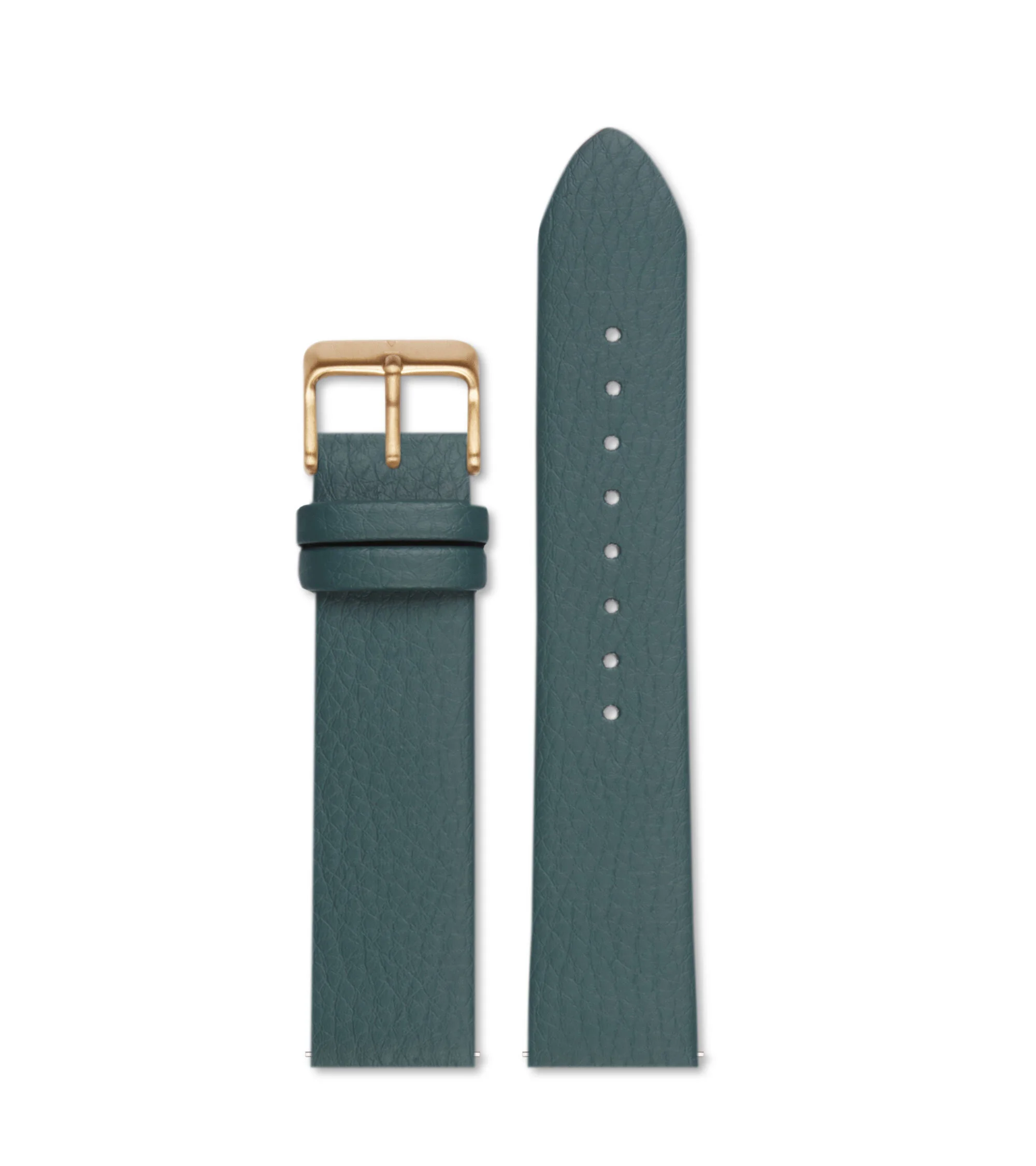 Teal leather watch strap with gold buckle and multiple adjustment holes.