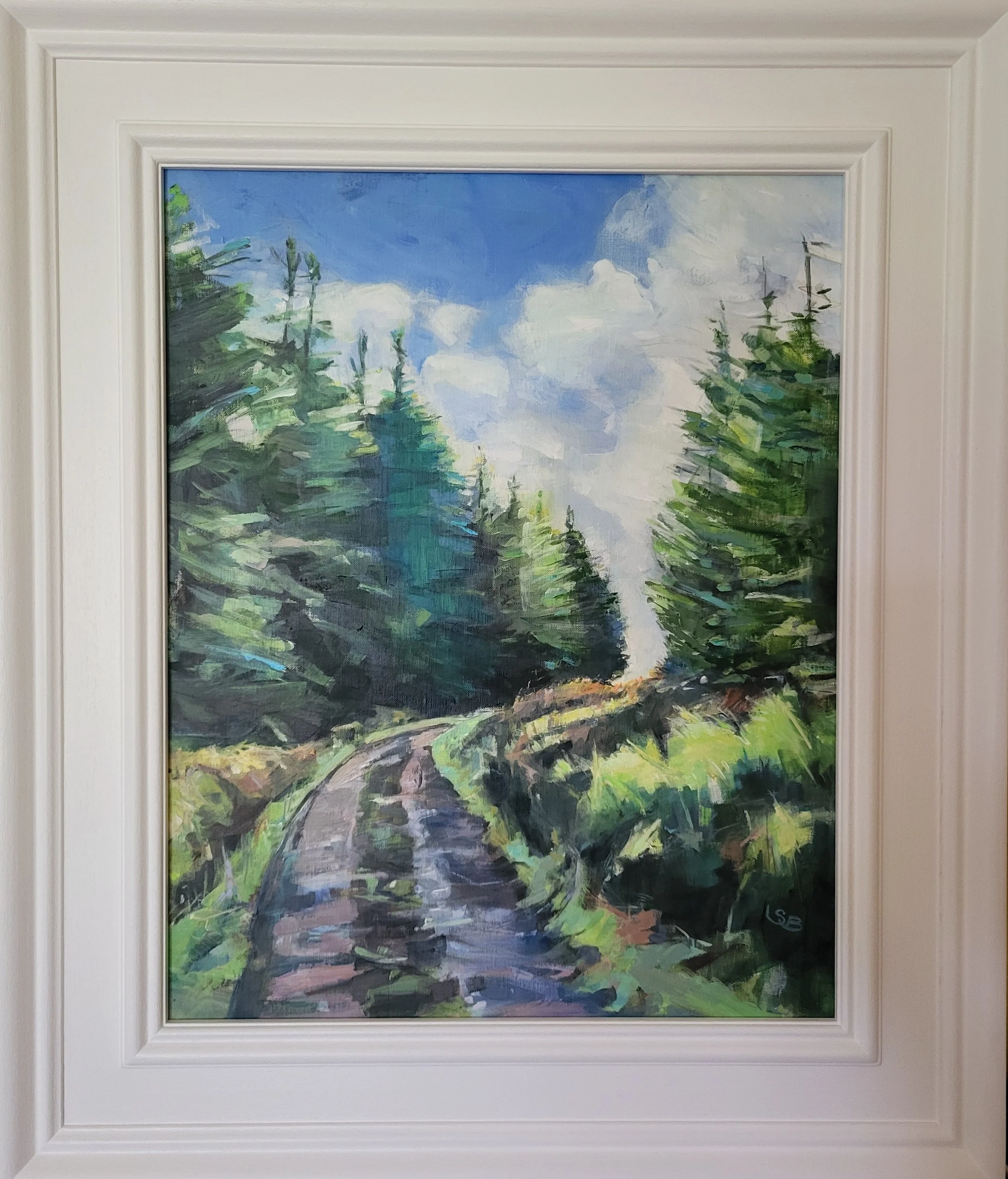 "Cool morning rising towards the sun" acrylic on linen board, moulded frame size 57 x 68 cm.