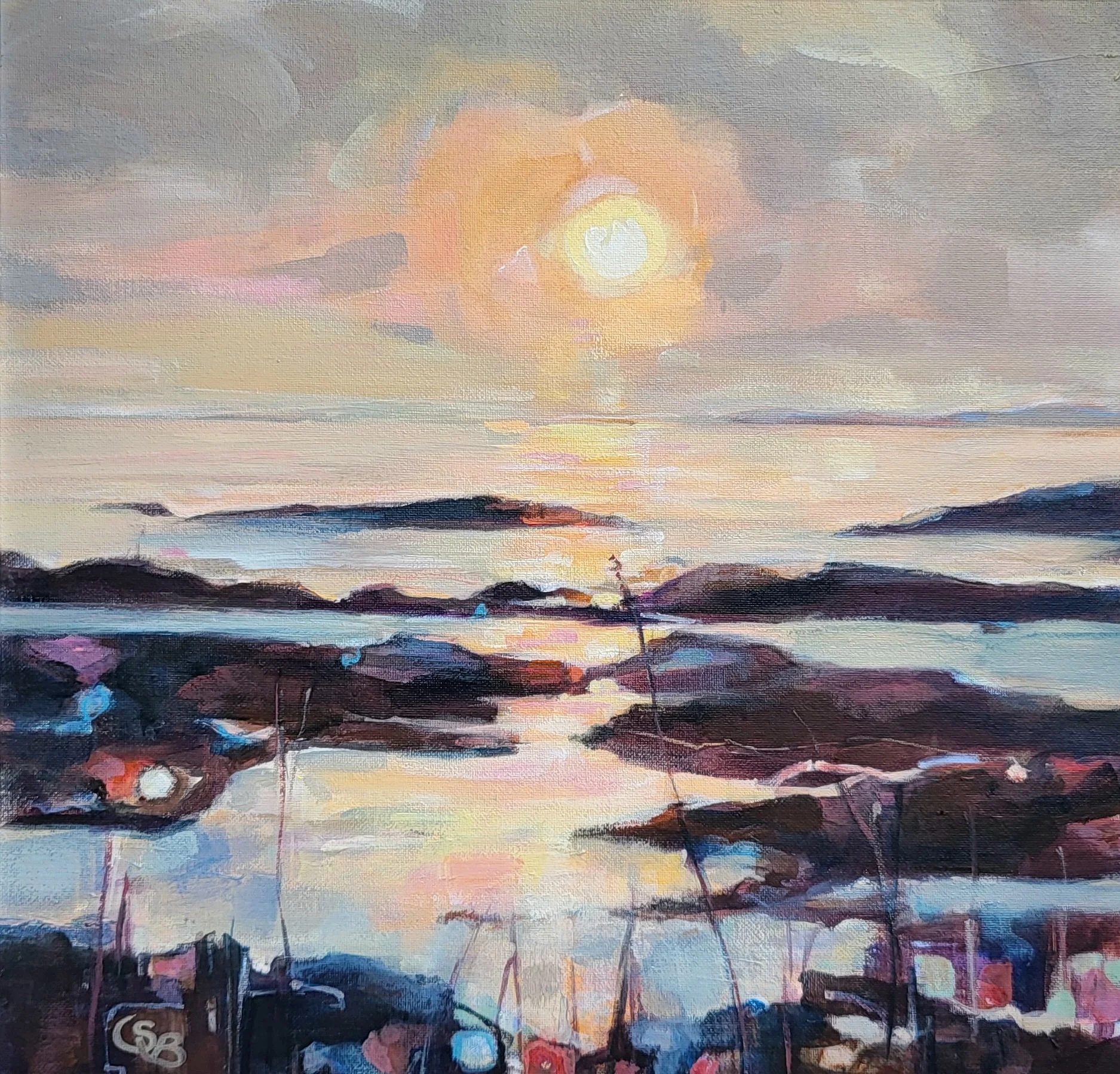 "Kirkandrews Bay" acrylic on linen board, moulded frame, size 30 x 30 cm  SOLD
