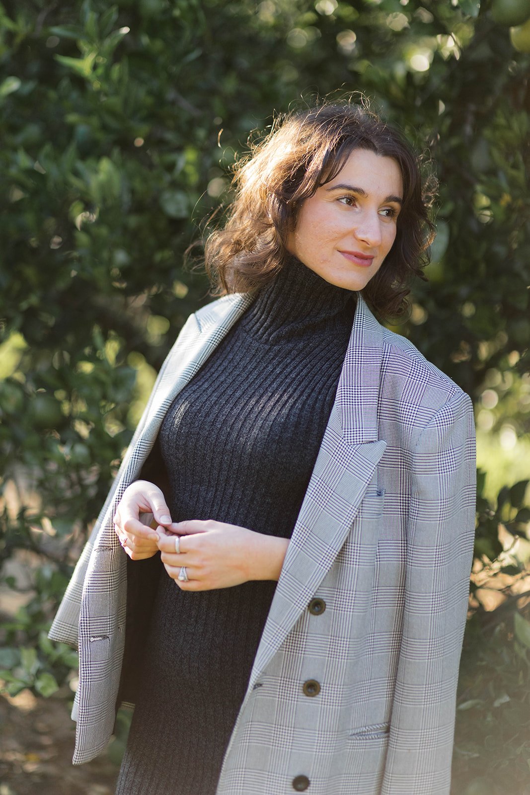 Turtleneck Sweaterdress and Oversized Plaid Blazer – Fall Brand Photoshoot Outfit Inspiration