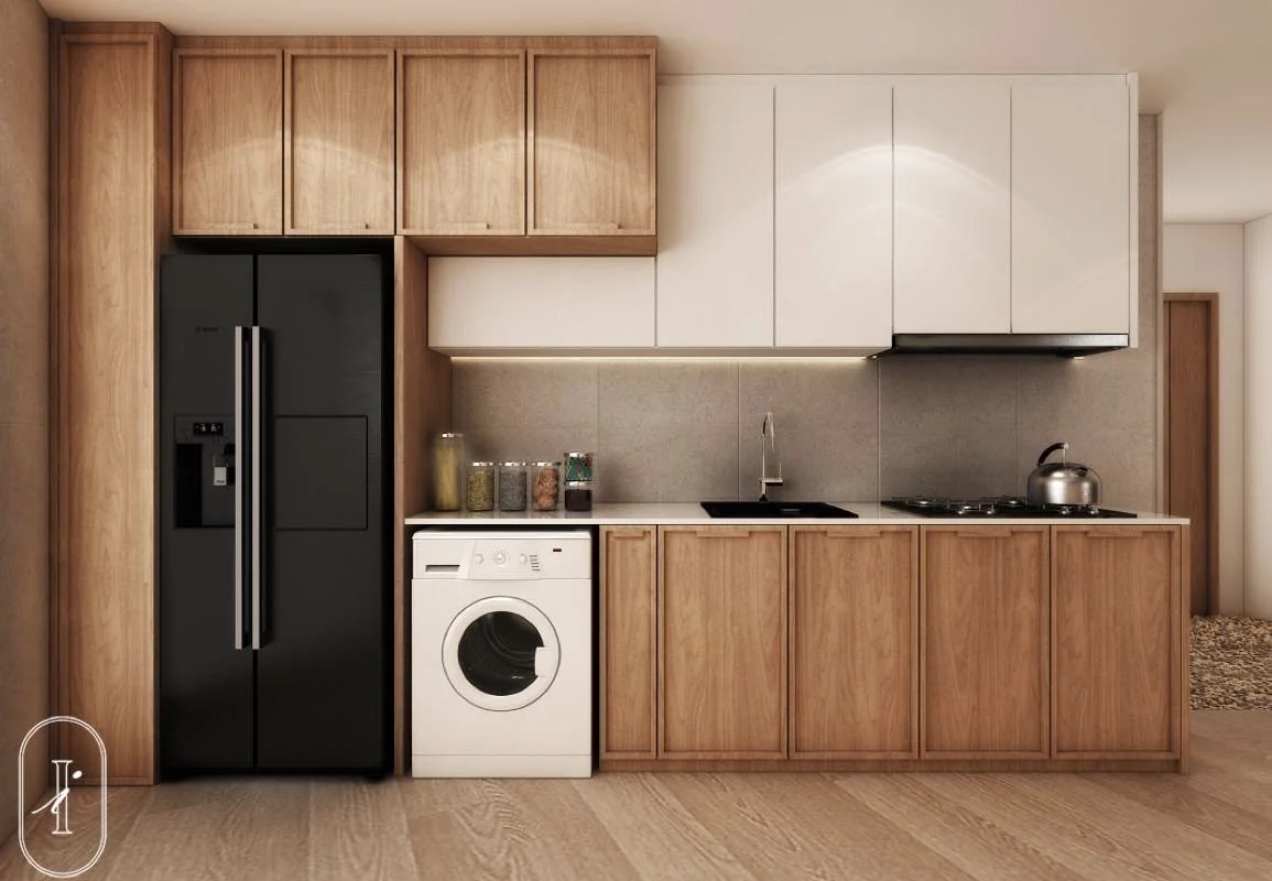 Soft wood textures, matte finishes, and clean lines define the calming elegance of this interior. The kitchen blends warm oak cabinetry with crisp white panels and sleek black appliances, creating a balanced and contemporary look. Subtle stone textur