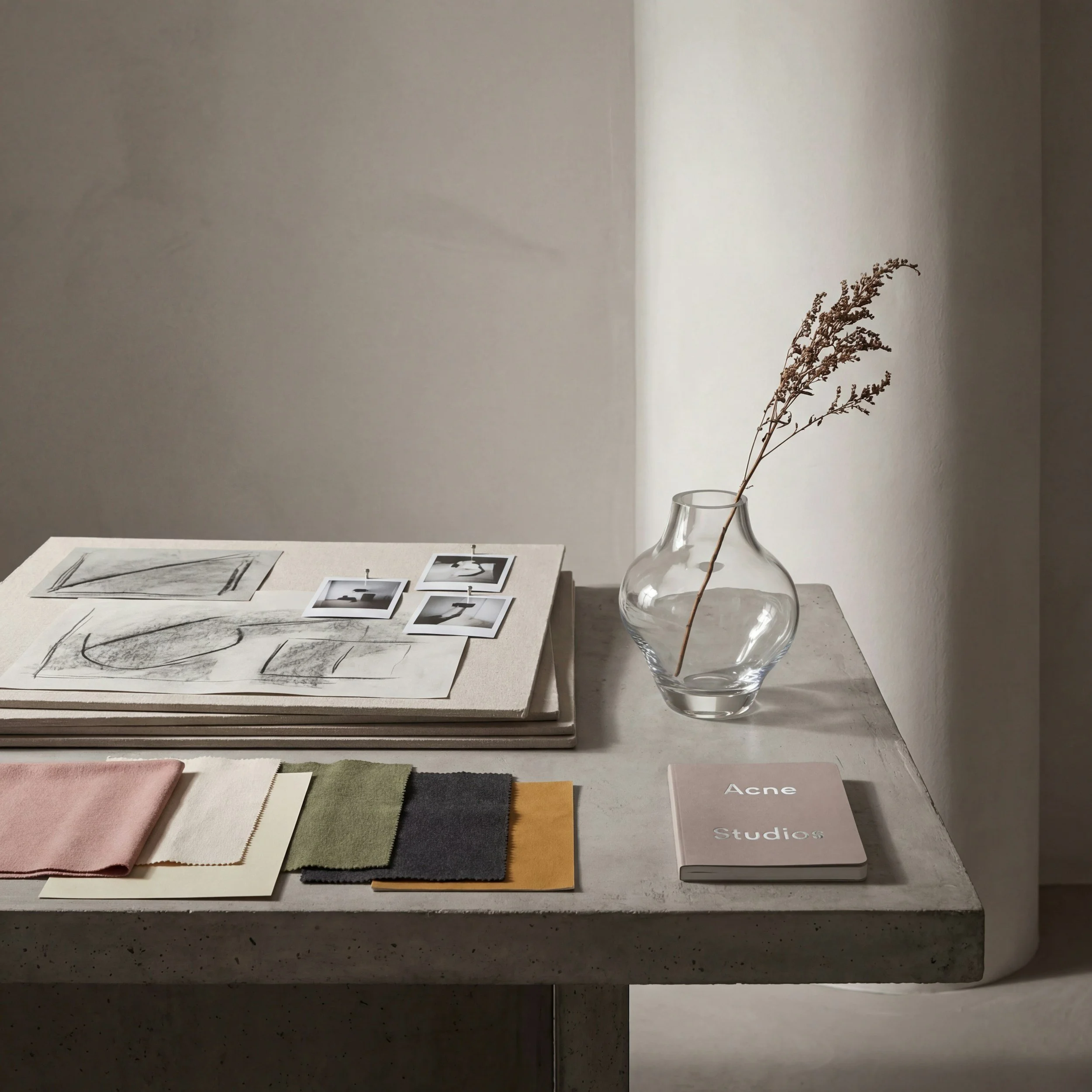 A minimalist workspace with fabric swatches, color samples, sketches, black and white photographs, a clear glass vase with dried flowers, and a notebook labeled 'Acne Studios' on a concrete table.