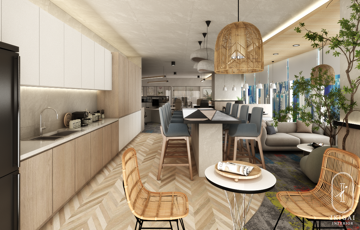 Modern open-concept living space with a kitchen, dining area, and seating area. The kitchen features white and wood cabinets, a black refrigerator, and a countertop with kitchen appliances. The dining area has a high table surrounded by blue upholstered chairs and hanging woven pendant lights. The seating area includes a sofa, armchair, and large windows with city views, decorated with plants and a patterned rug.