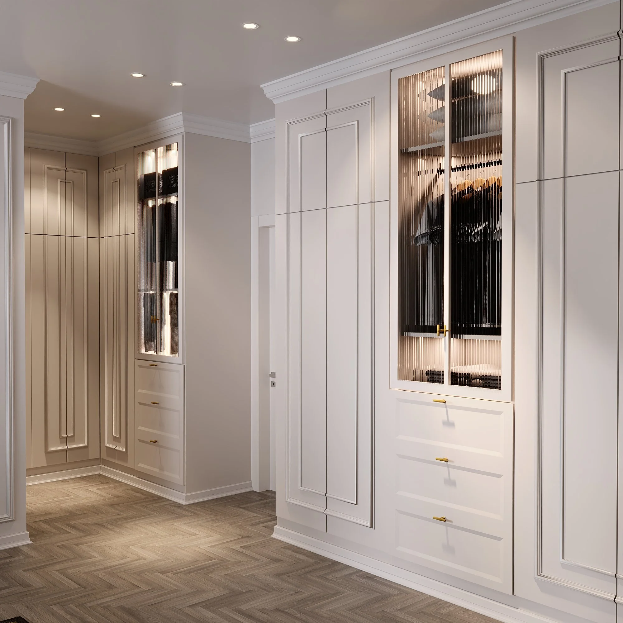 Modern walk-in closet with white cabinetry, glass doors, and gold hardware, illuminated by recessed ceiling lights.