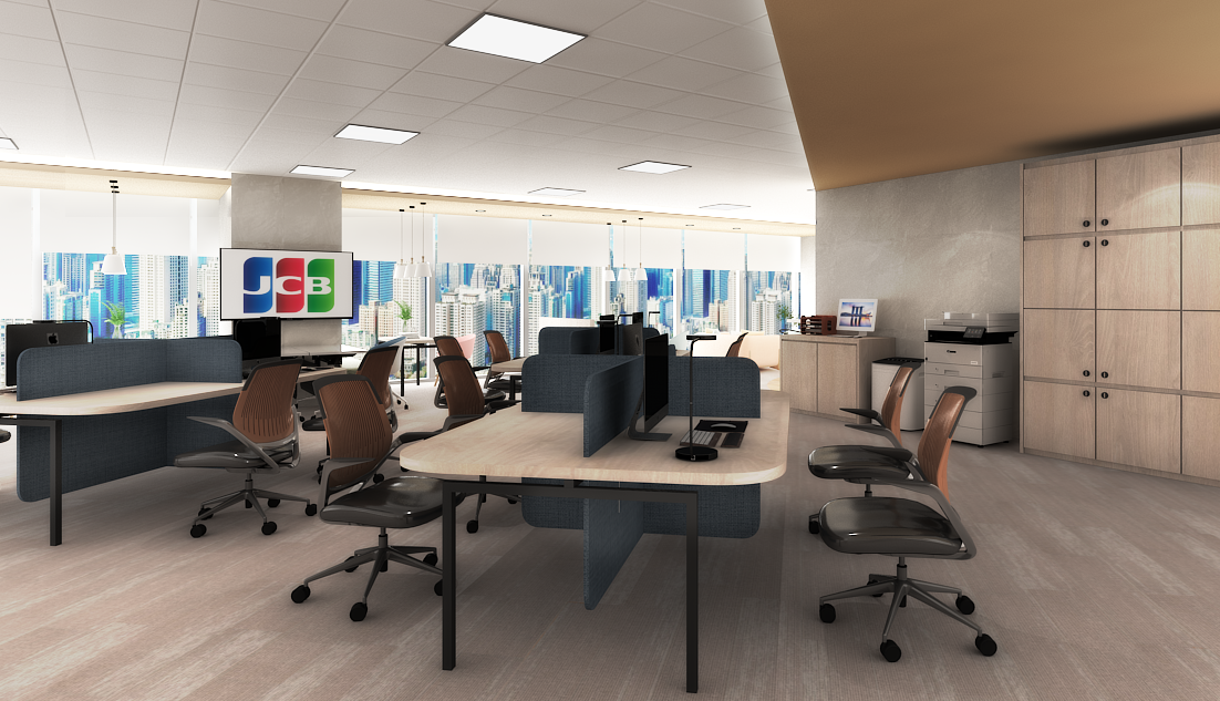 Modern open-plan office space with workstations, computers, office chairs, and large windows revealing a city skyline.