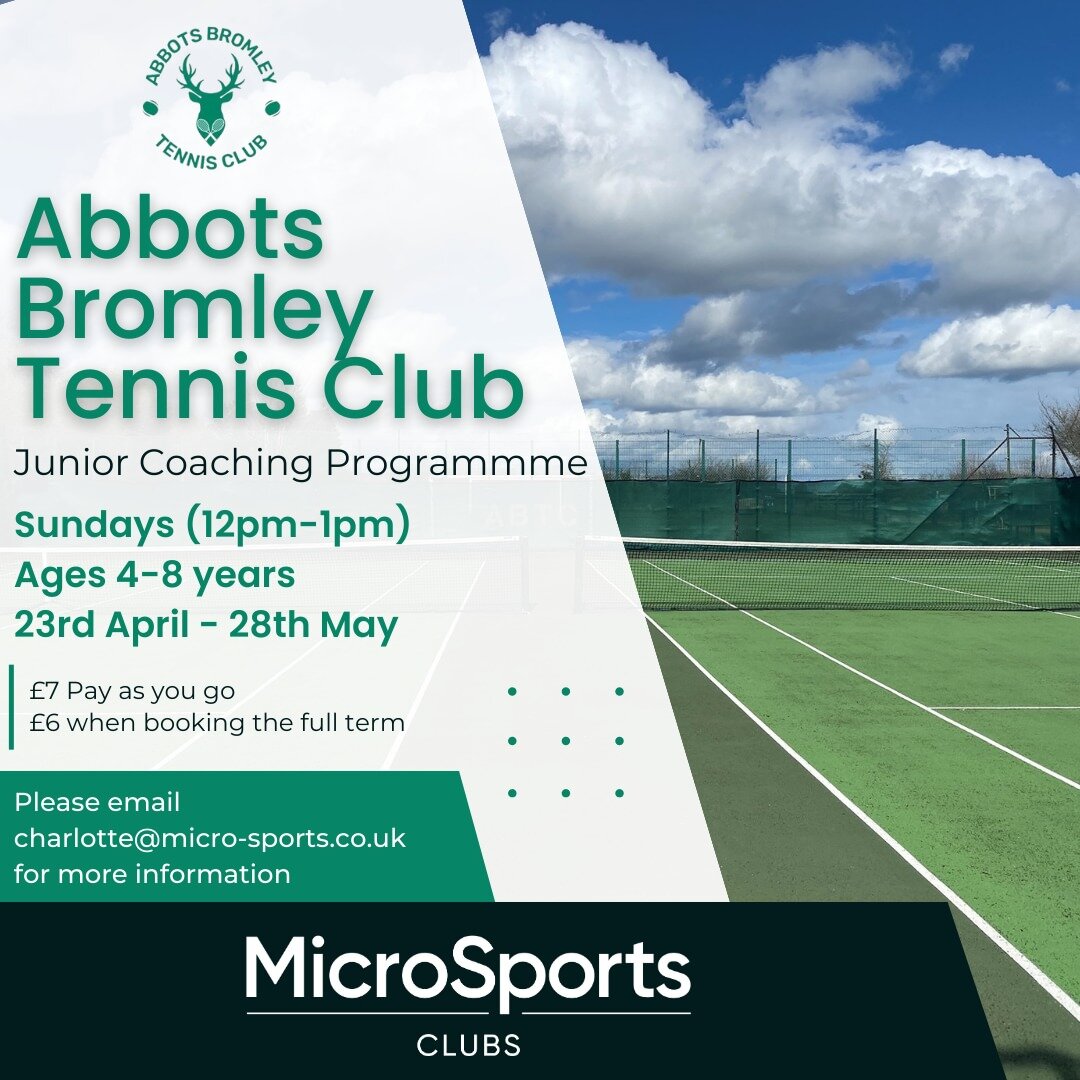 We currently have a session at Abbots Bromley Tennis Club on a Sunday 12pm-1pm for ages 4-8 years. Perfect as an introduction to tennis 🎾

If you would like more information about this session please contact charlotte@micro-sports.co.uk

#abbotsbrom