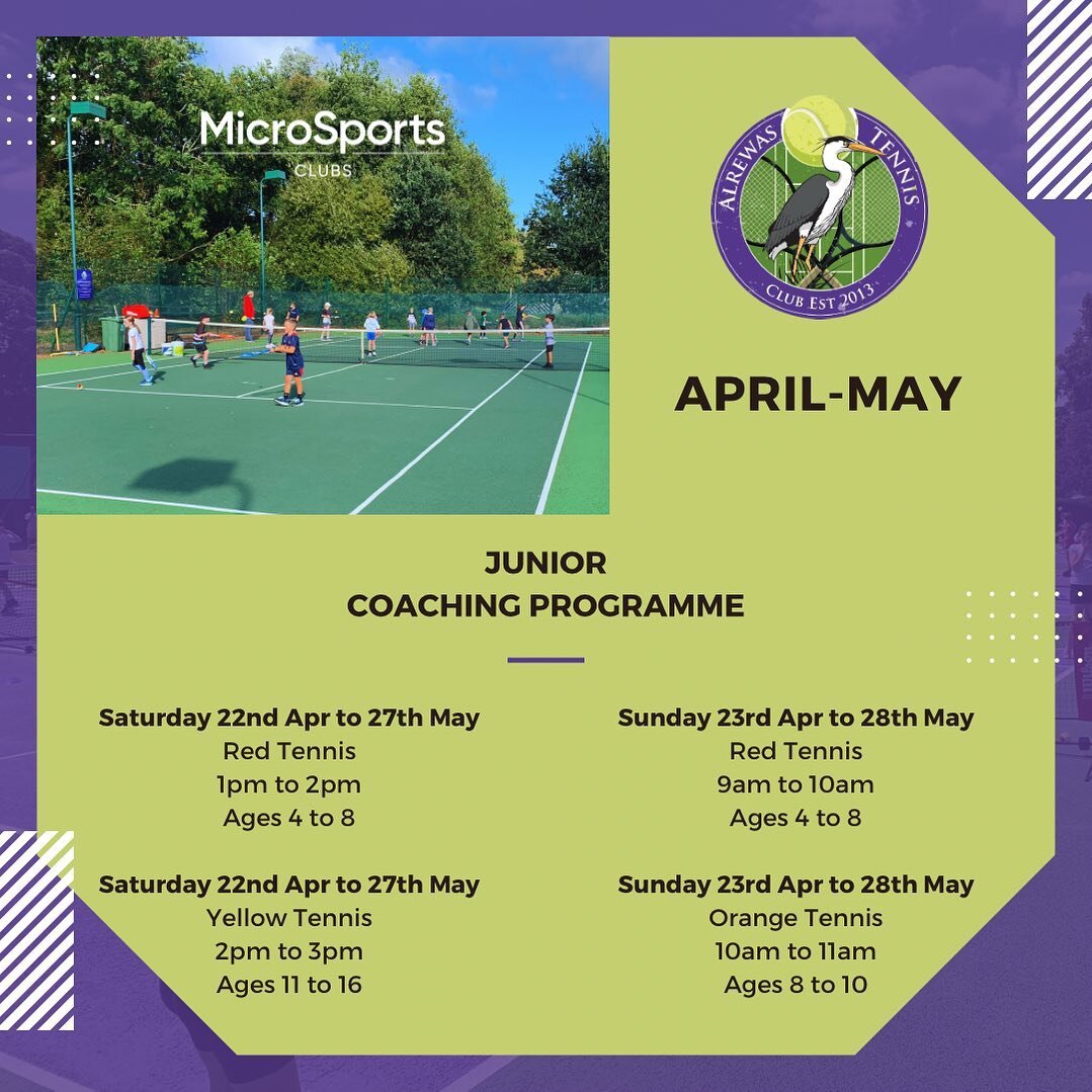Our Alrewas Tennis Club sessions are well underway with plenty of sessions for all ages why not come down for a session?

If you have any questions about these sessions please contact matt@micro-sports.co.uk

#tennis #alrewas #tenniscoaching #minired