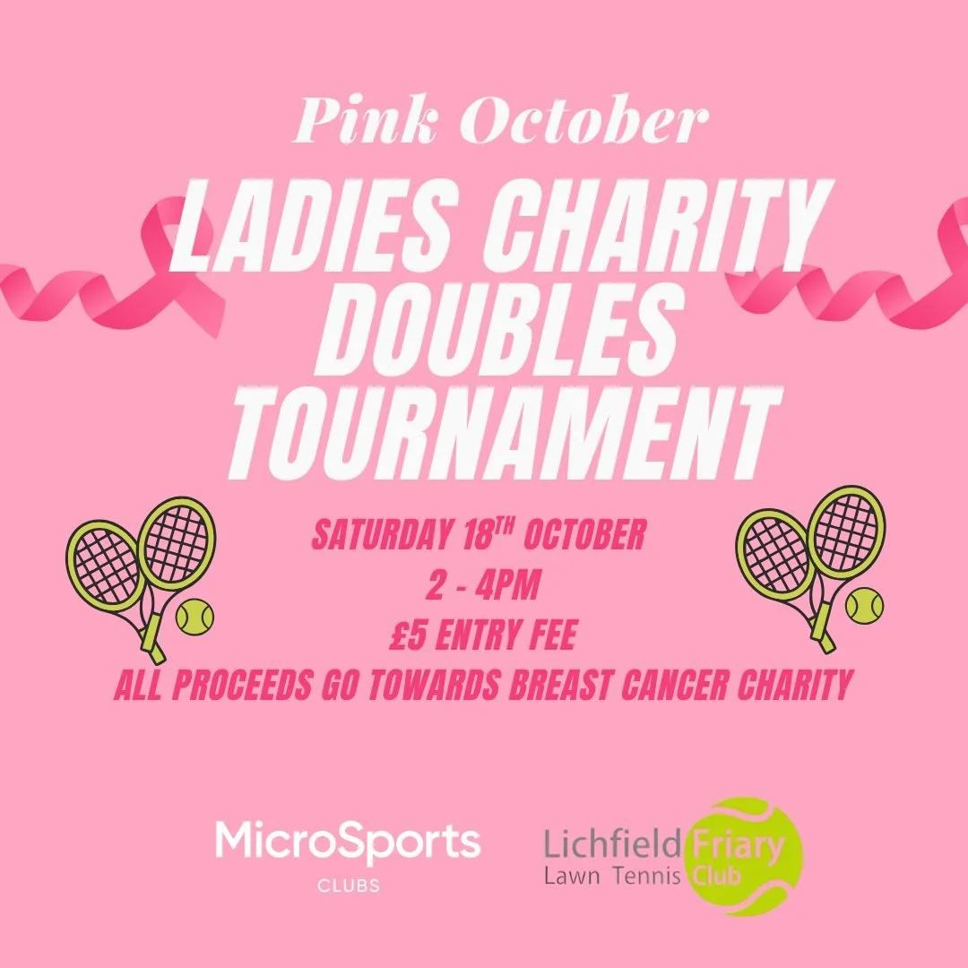 🎾💕 Join us for our Ladies&rsquo; Breast Cancer Charity Tournament! 
Saturday 18th October, 2&ndash;4pm &ndash; enjoy tennis, cakes, and tea with friends, all for a great cause. 
&pound;5 per person, all proceeds go to charity. 
To enter, message Ch