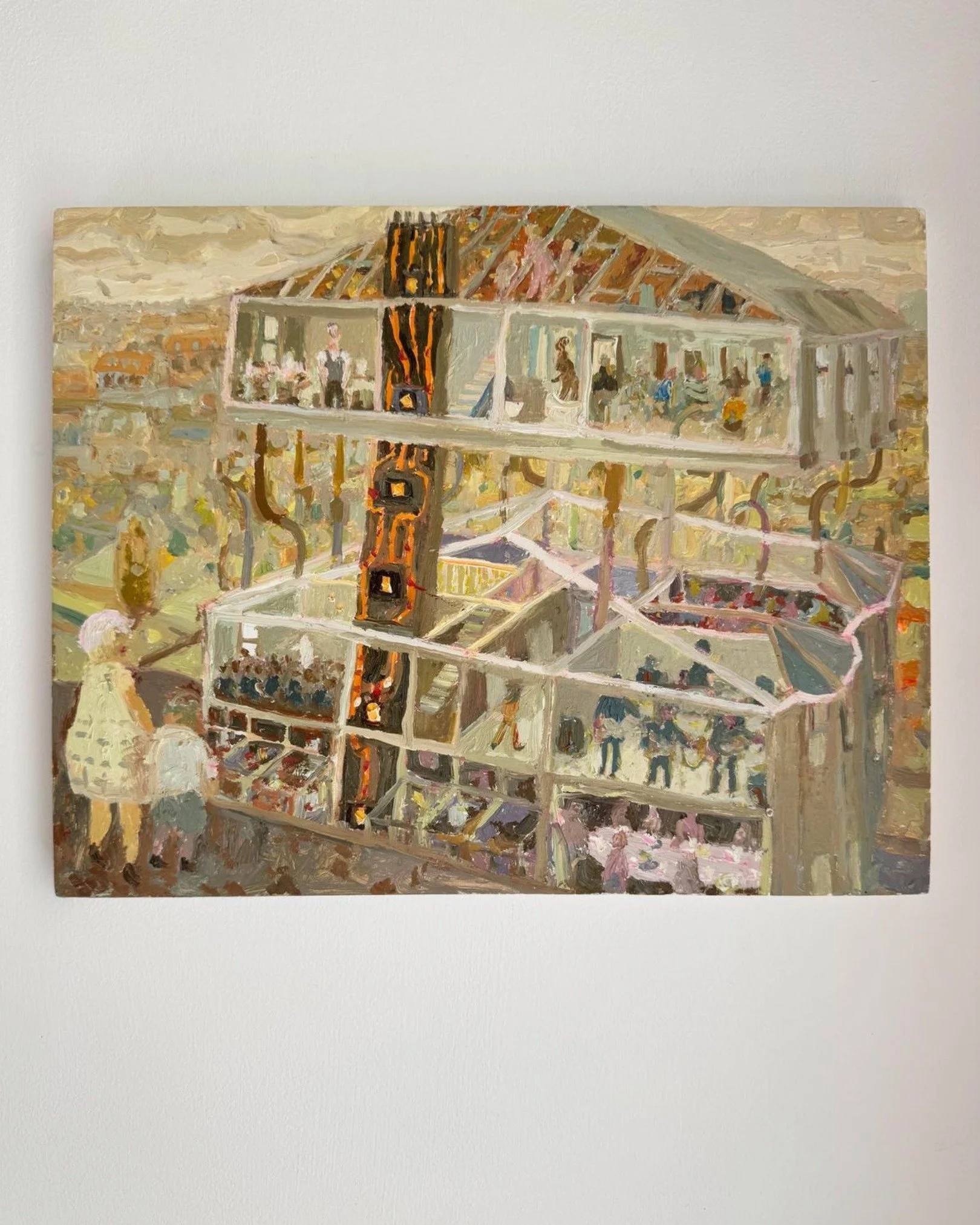 Robbie Bushe | Living Rooms
Until 7th June

This smaller painting in oil on panel is one of my personal favourites in the exhibition. It&rsquo;s such a curious composition with two buildings, one floating above the other, connected by the continuous 