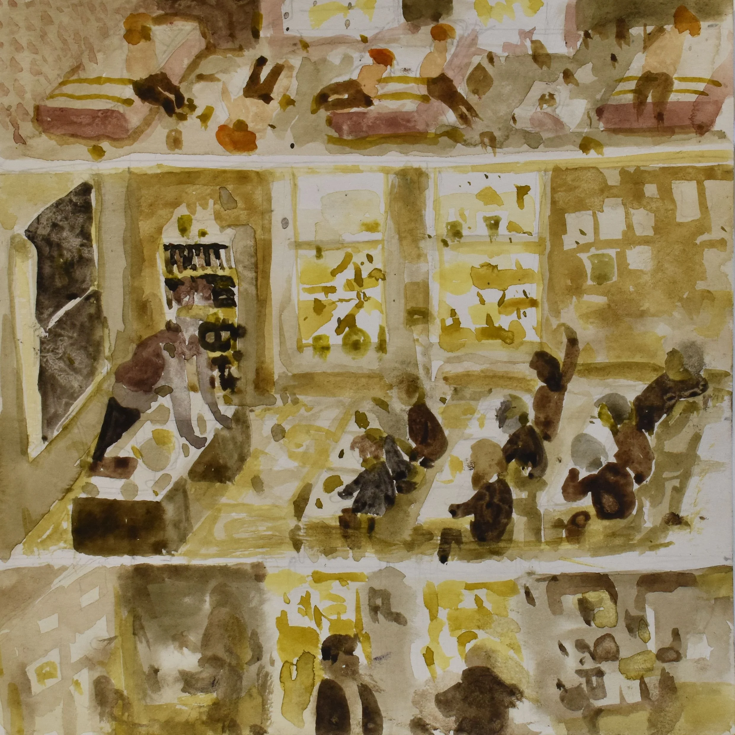 'Boarding School', 2025. Watercolour, 21 x 21 cm, framed 29 x 30 x 3 cm. £370