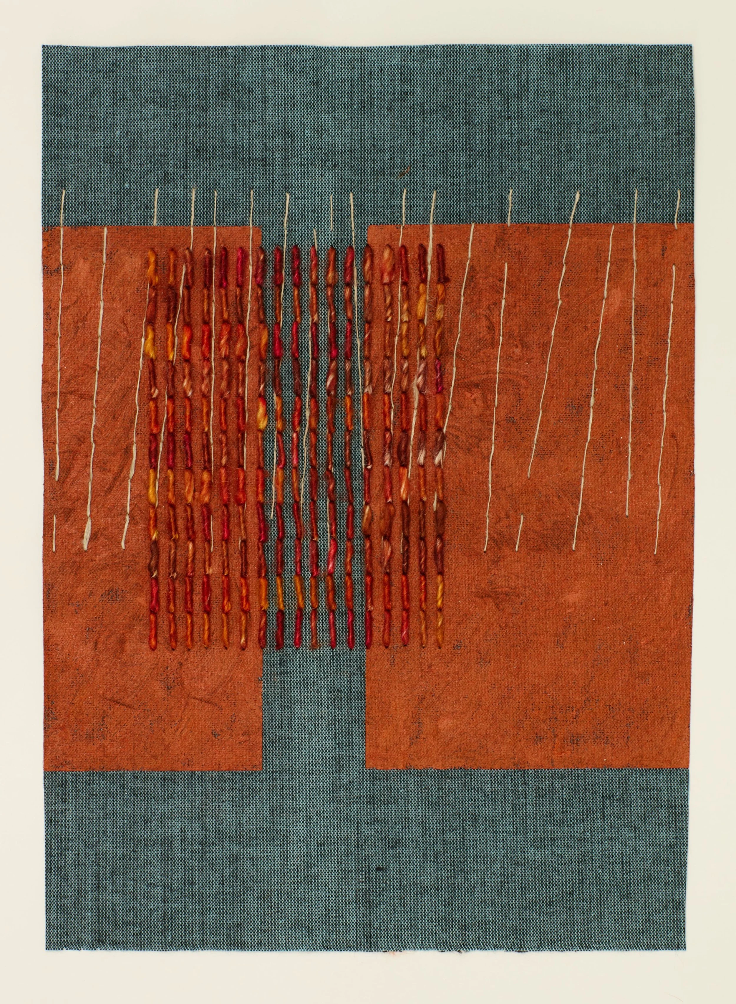 Penelope Brook, 'Volcanic 2', 2025. Oil stick, hemp and silk on bookbinding cloth, 25 x 18 cm, unframed.