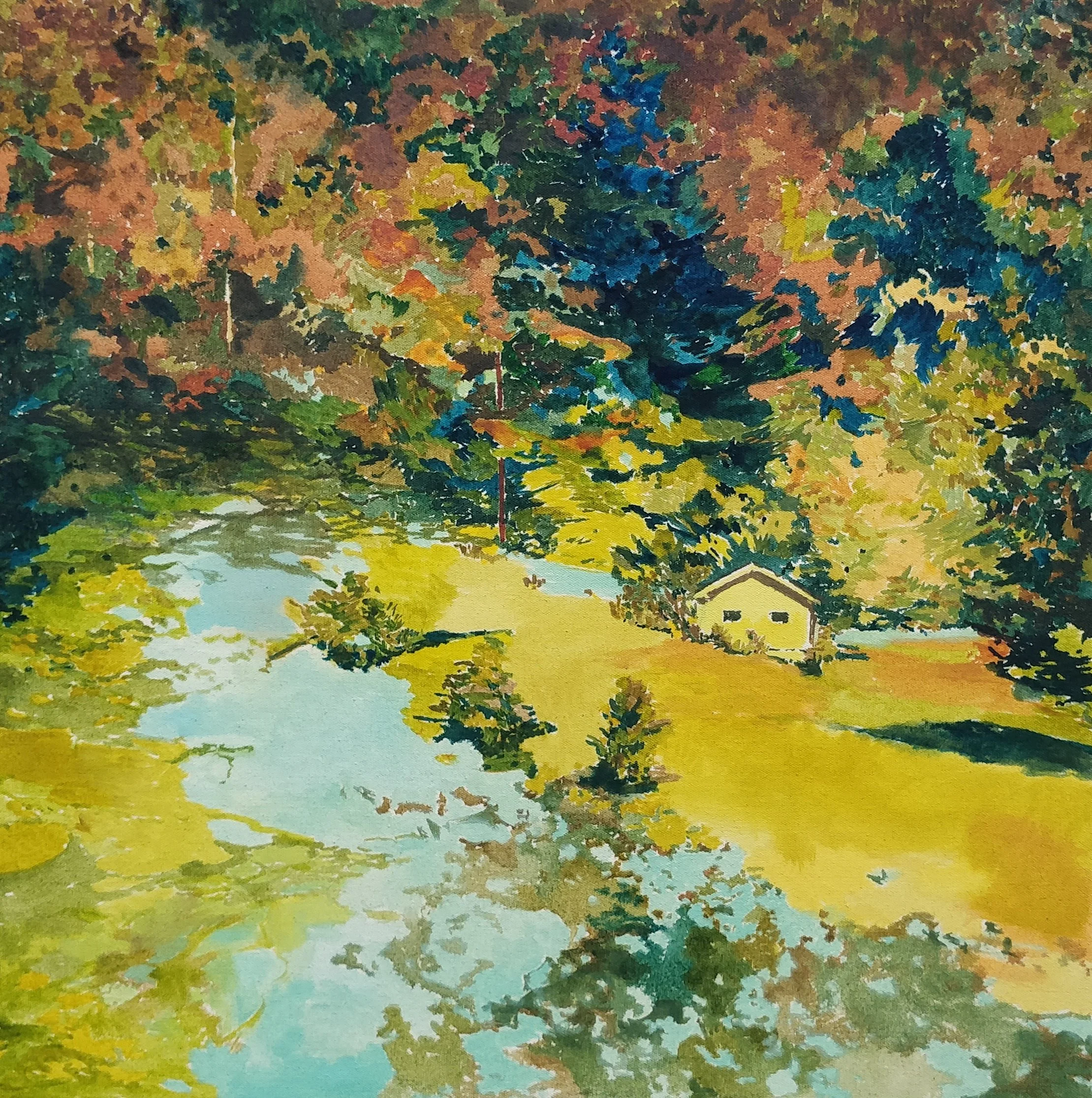 Charlotte Brisland, ‘Cusp of cadmium’, 2025. Oil on canvas, 50 x 50 cm. £1,200