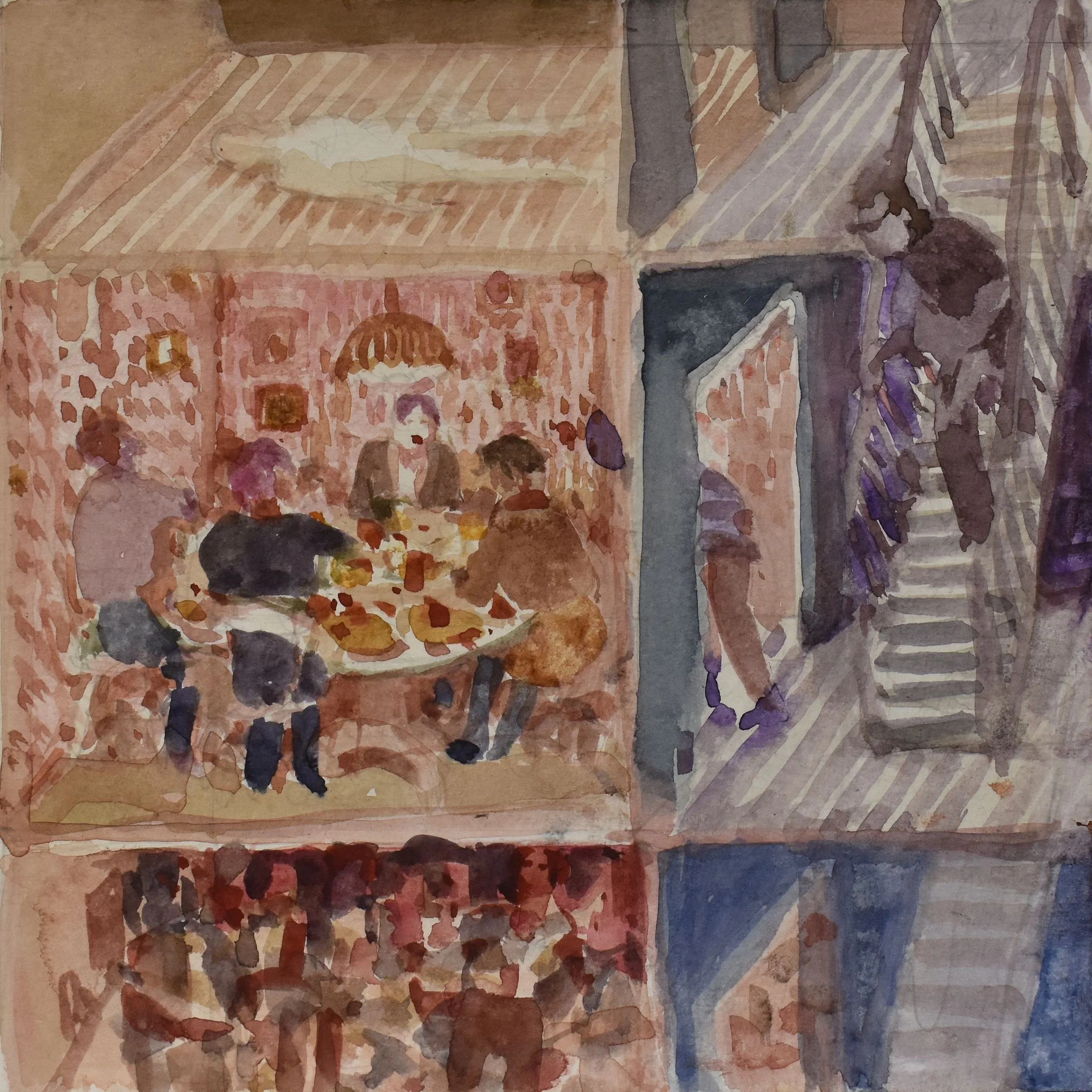 'The Round Table', 2025. Watercolour, 21 x 21 cm, framed 29 x 30 x 3 cm. £370