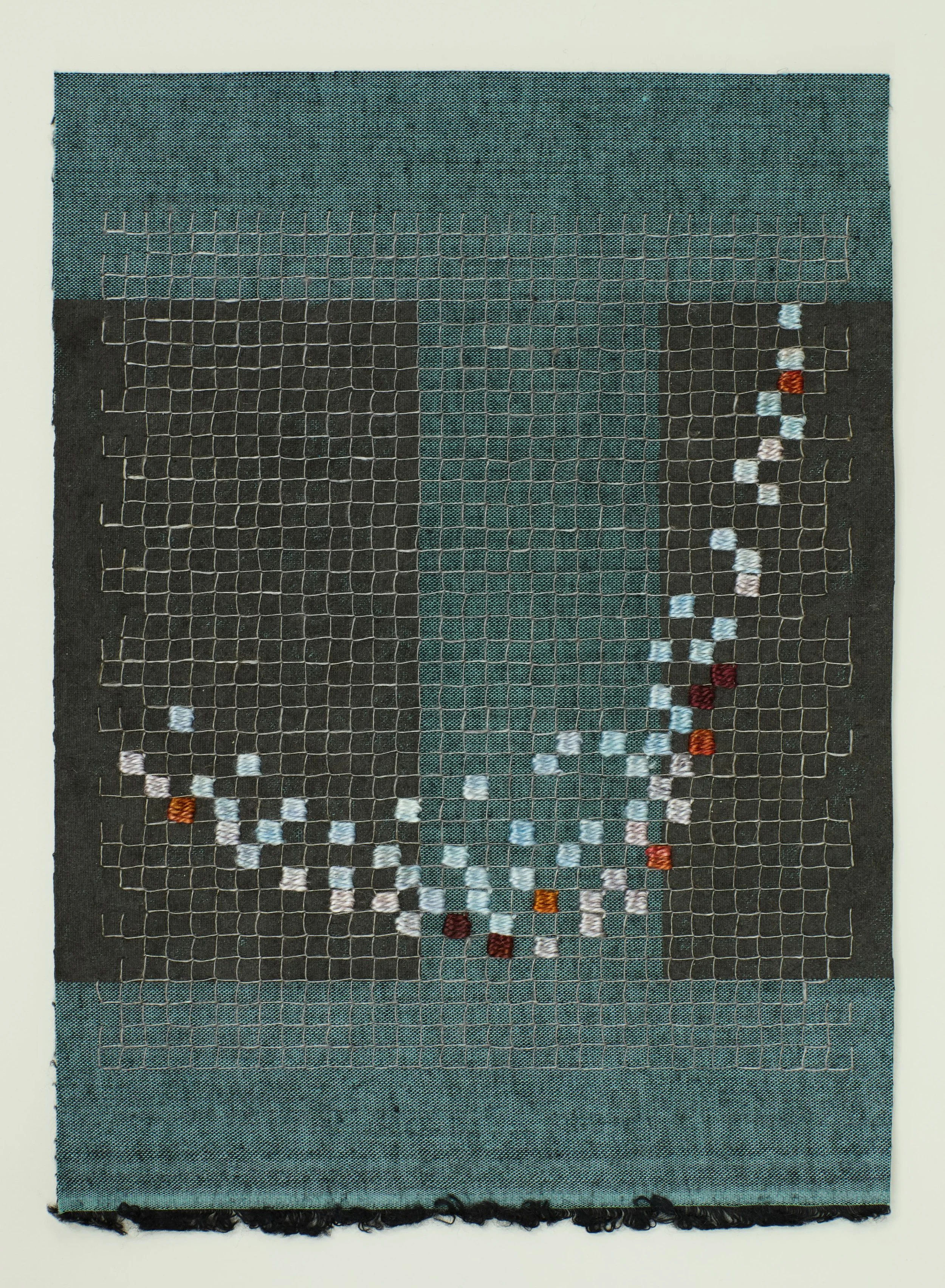 Penelope Brook, 'Sea girt', 2025. Oil stick, linen and silk on bookbinding cloth, 25 x 18 cm, unframed. 