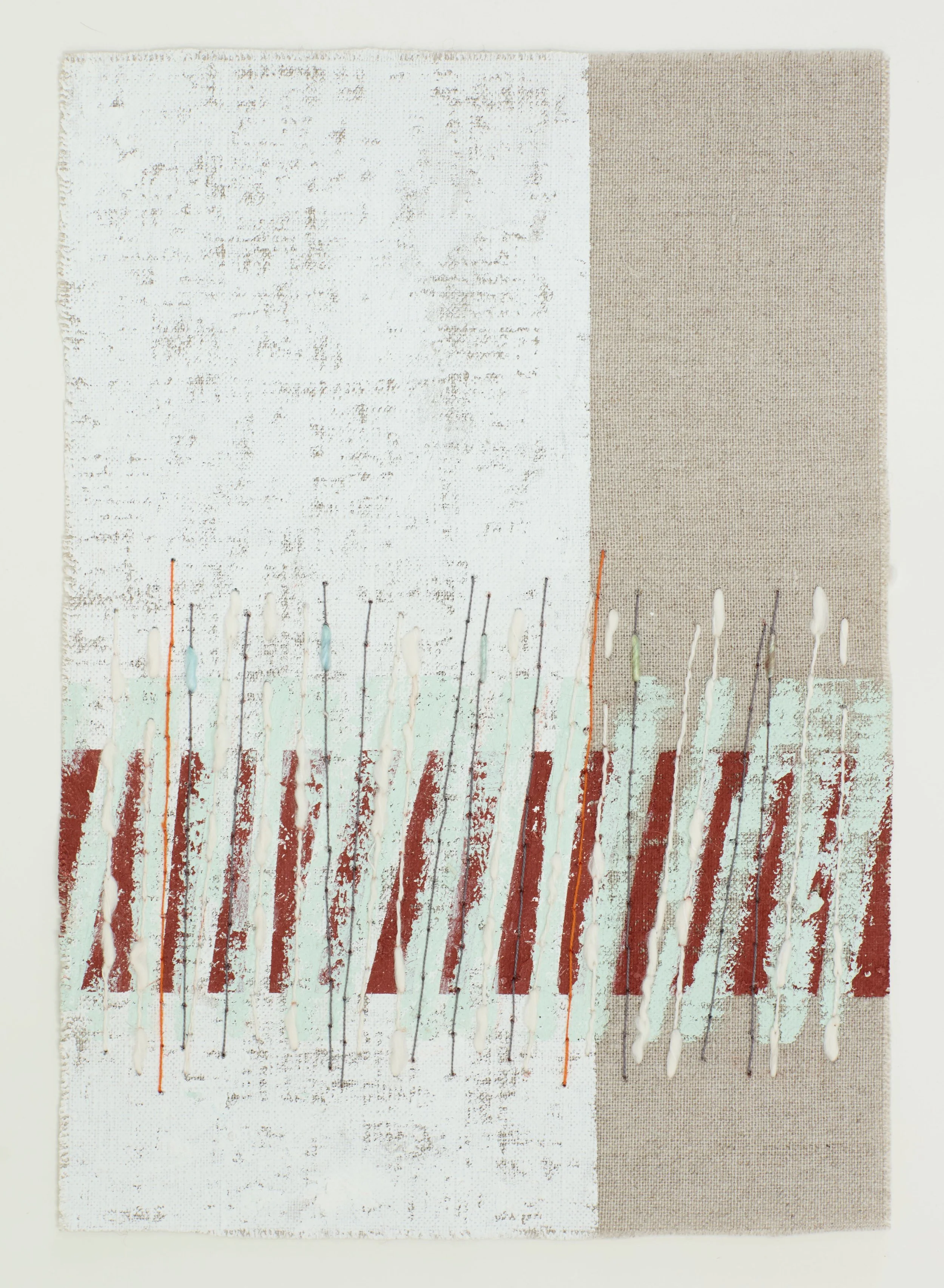 Penelope Brook, 'Cold out', 2026. Oil stick, cotton and silk on linen, 25 x 18 cm, unframed.