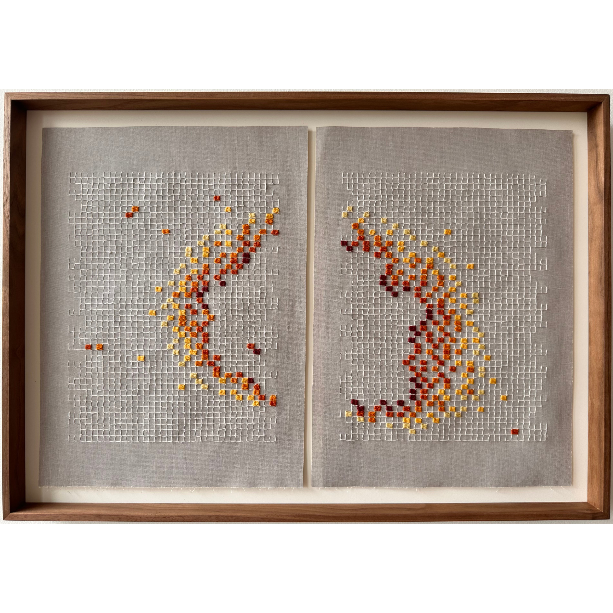 Penelope Brook, 'lichen song', 2025.
Linen and cotton on bookbinding cloth
diptych, each section 31 × 23 cm (unframed) 
36 × 51 cm (framed) 