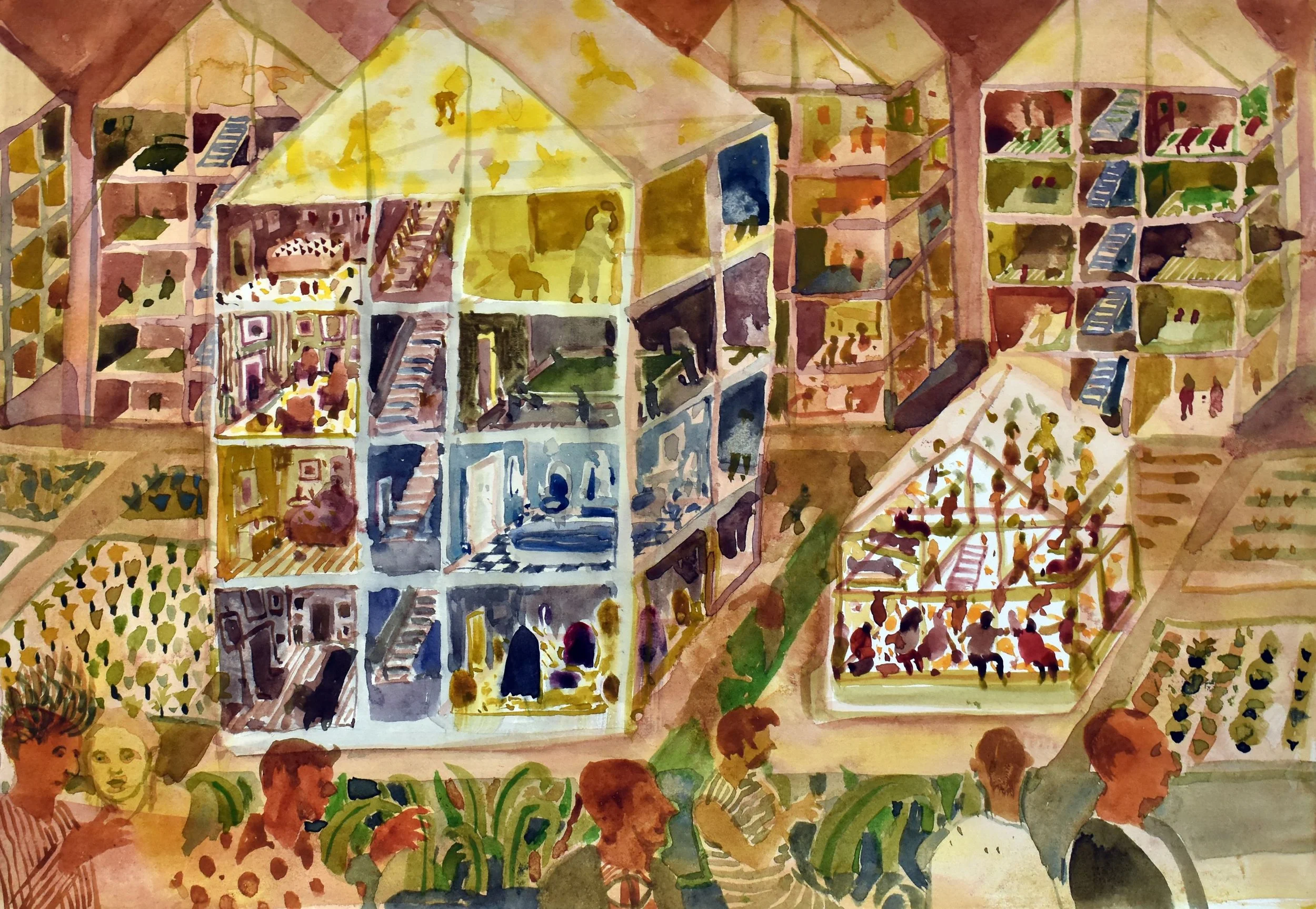 'Town Houses', 2025. Watercolour, 29 x 42 cm, framed 37.7 x 50 x 3 cm. £815