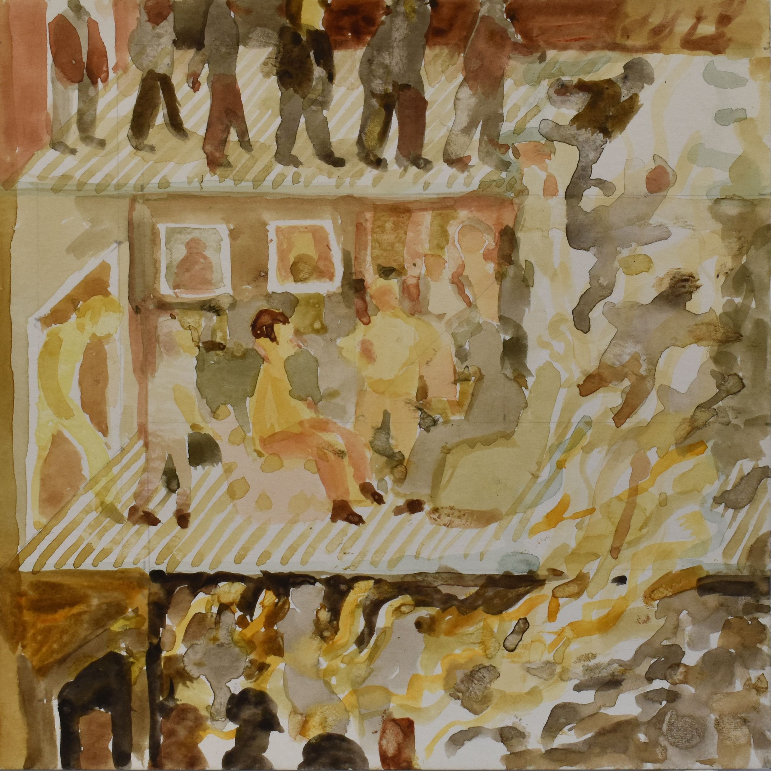 'The Fire Pit', 2025. Watercolour, 21 x 21 cm, framed 29 x 30 x 3 cm. £370