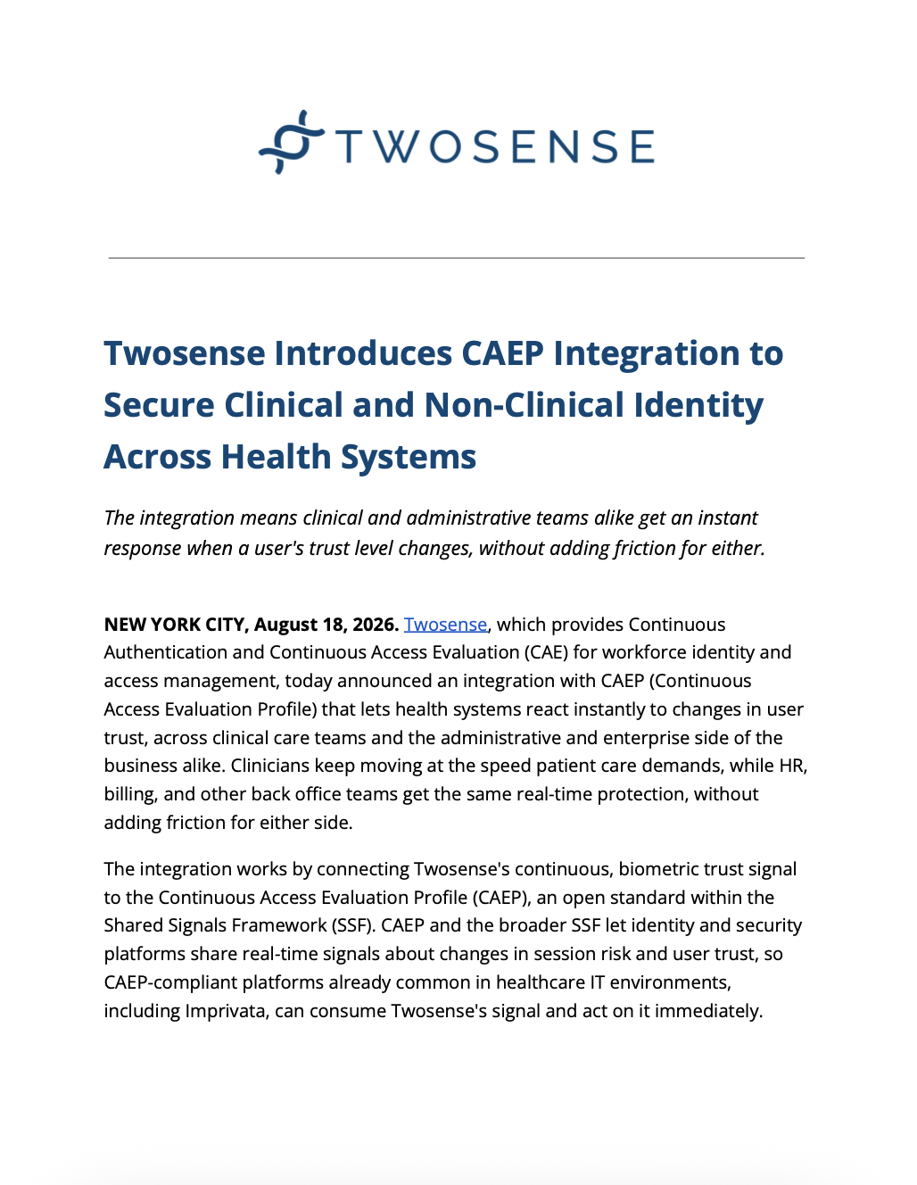 Press release headline about Twosense integrating CAEP for secure identity management across health systems, with the Twosense logo at the top and the event date of August 18, 2026.