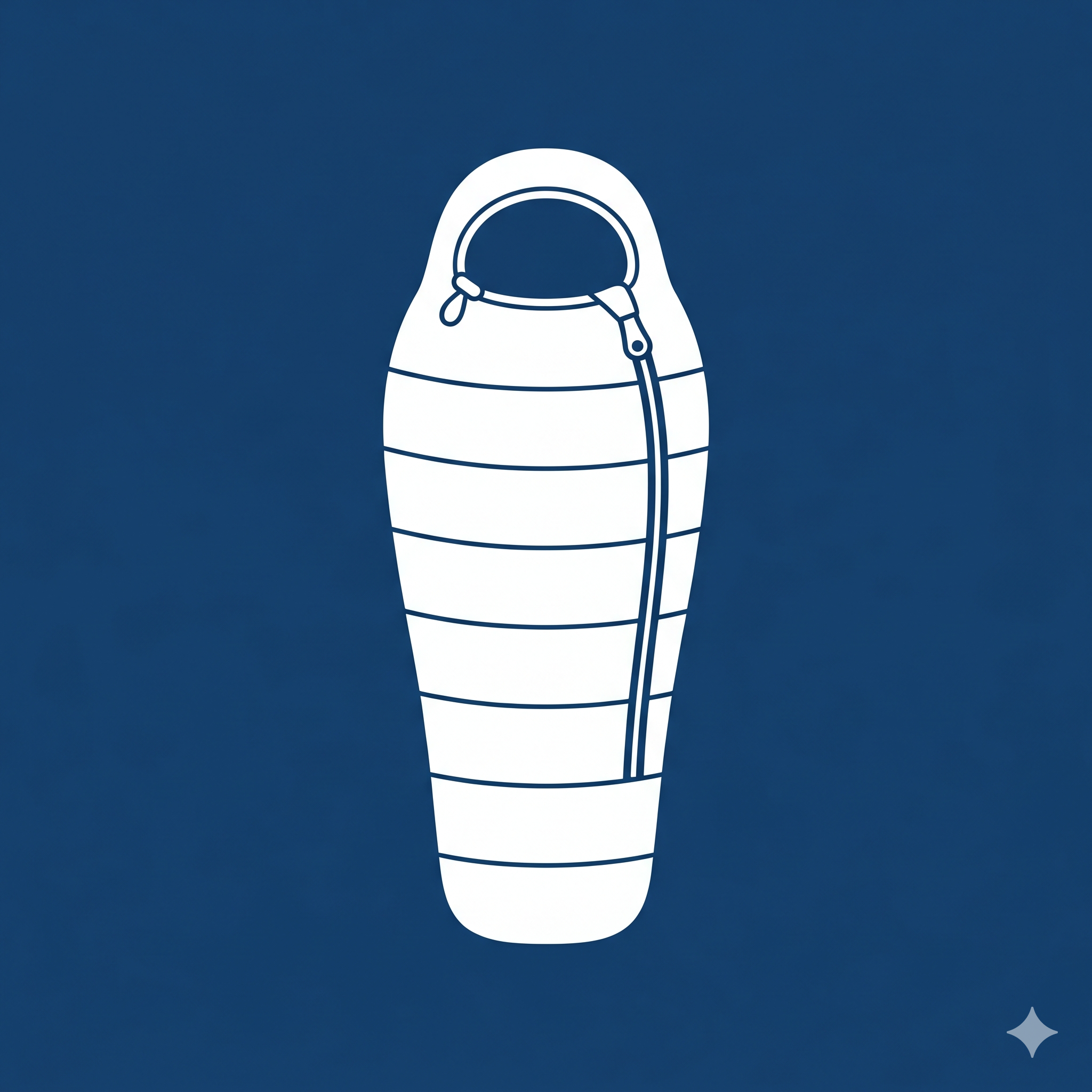 An abstract graphic of a white sleeping bag a blue background with small star-like shapes.