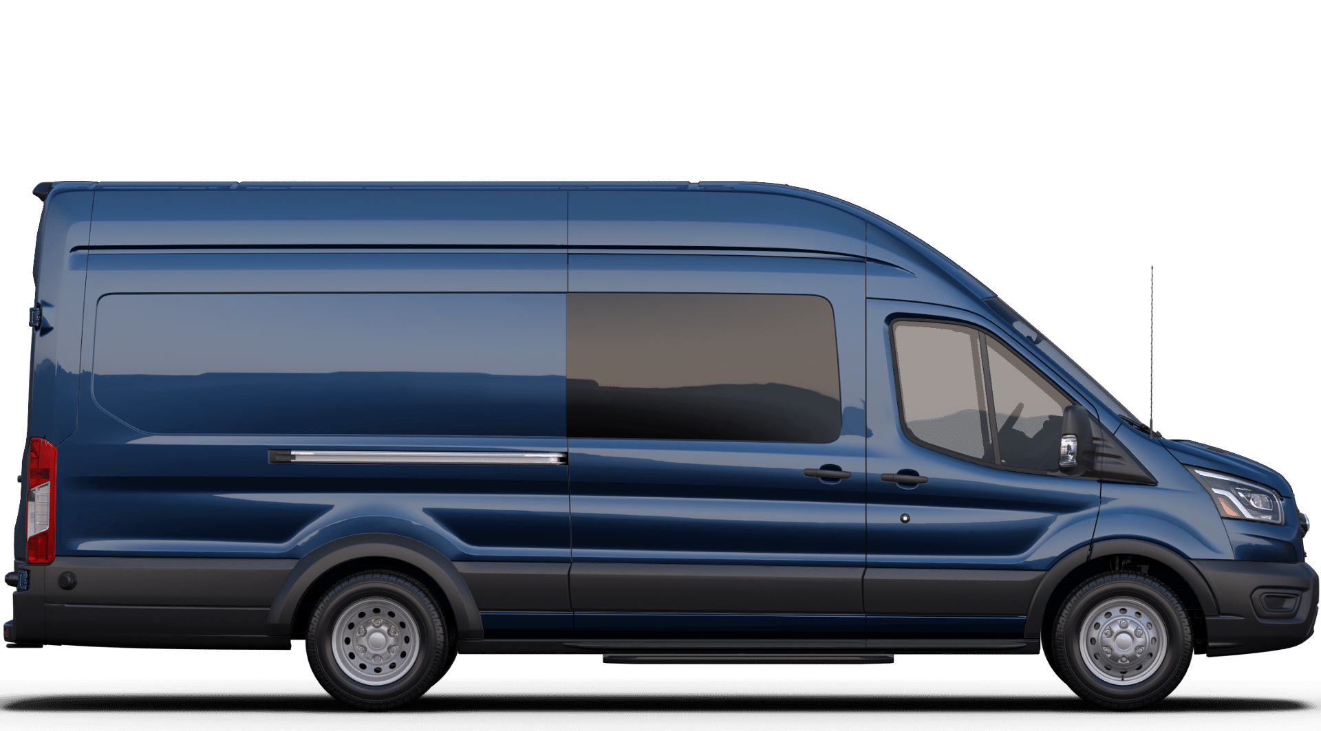 Side view of a blue camper van with tinted windows and modern design.
