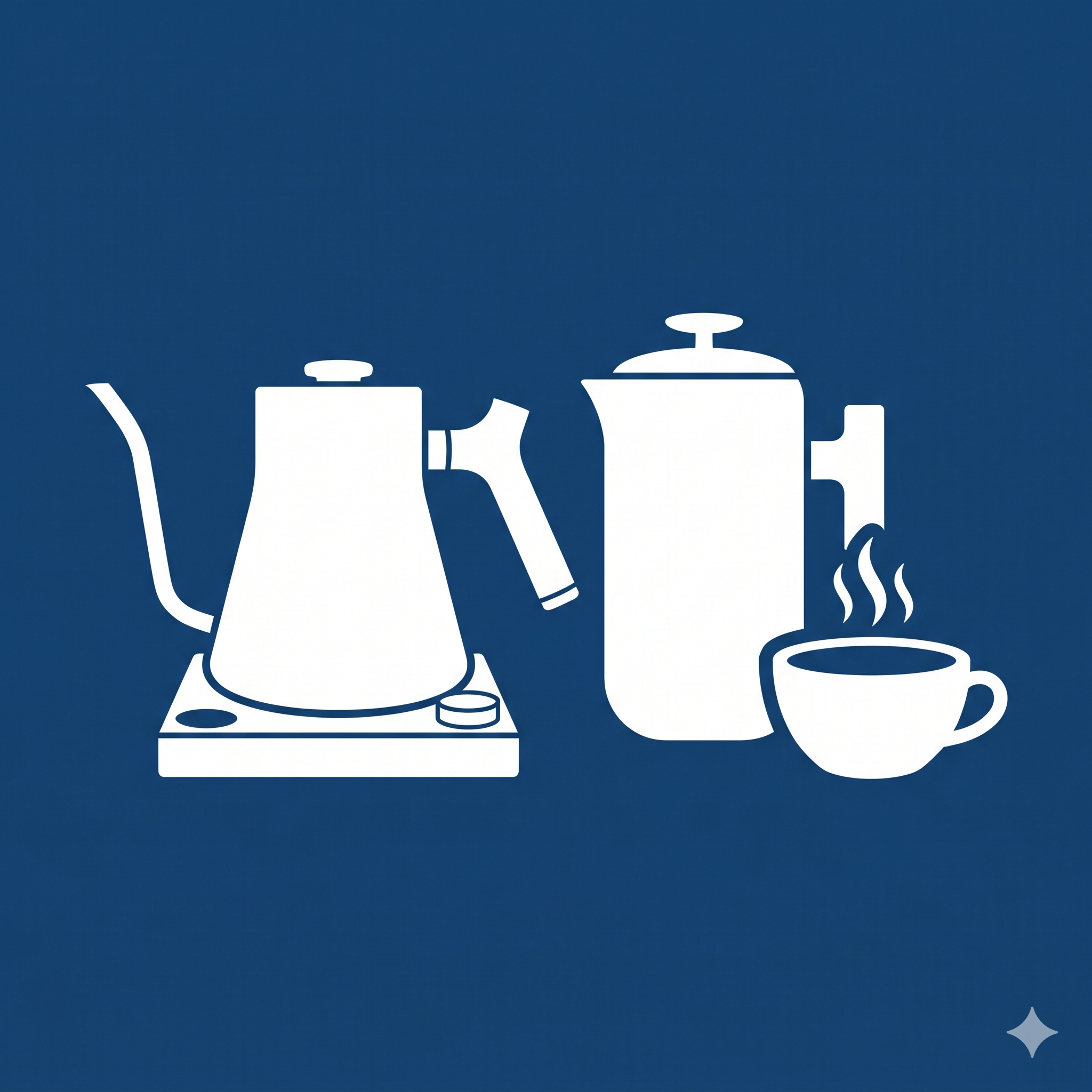 White silhouettes of laboratory equipment including bottles and a steaming cup on a dark blue background.