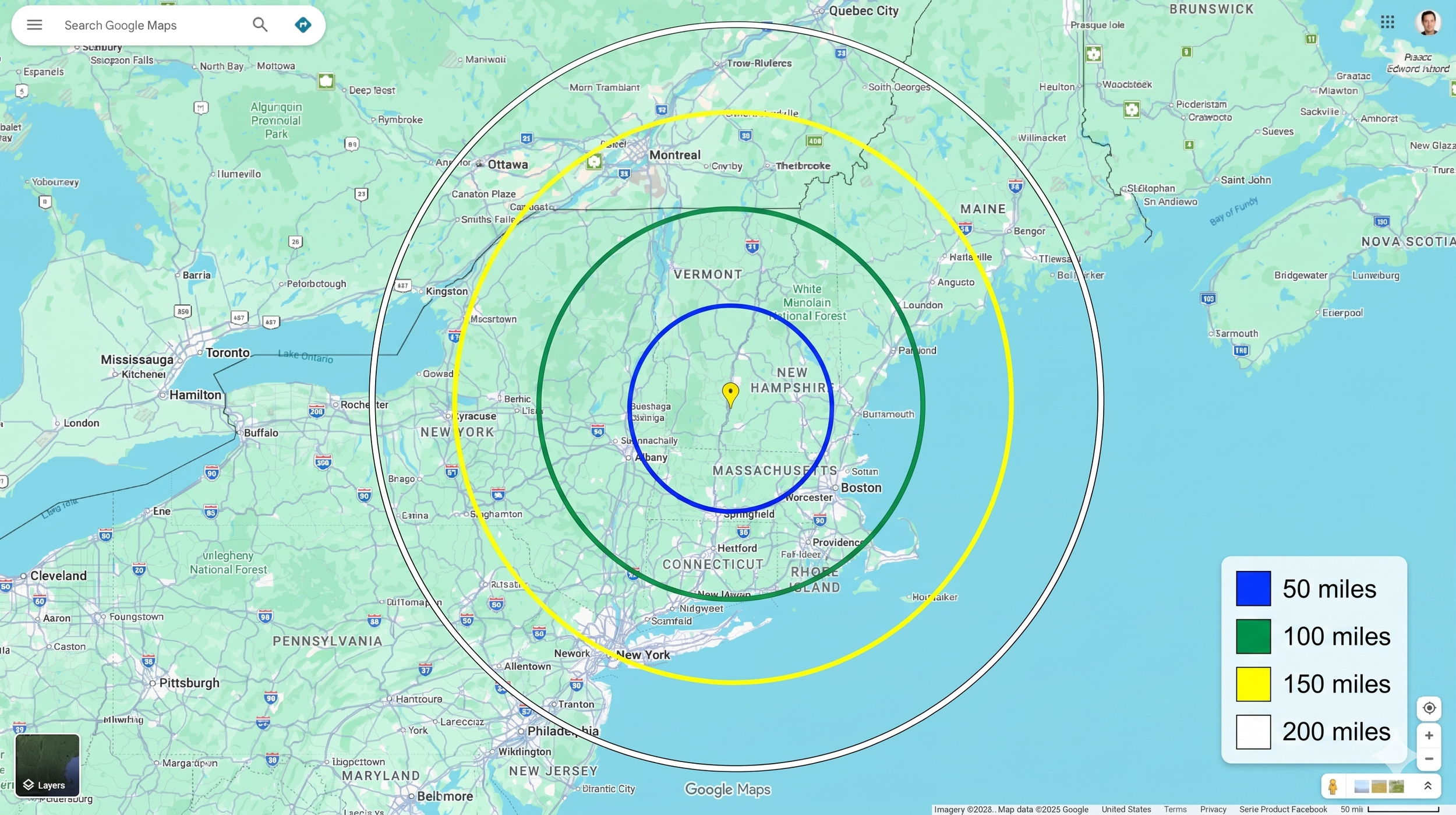 Weather map showing four concentric circles centered around New Hampshire with radii of 50, 100, 150, and 200 miles, marked in blue, green, yellow, and black respectively. Surrounding regions include parts of the United States and Canada, with distances represented by color-coded circles.