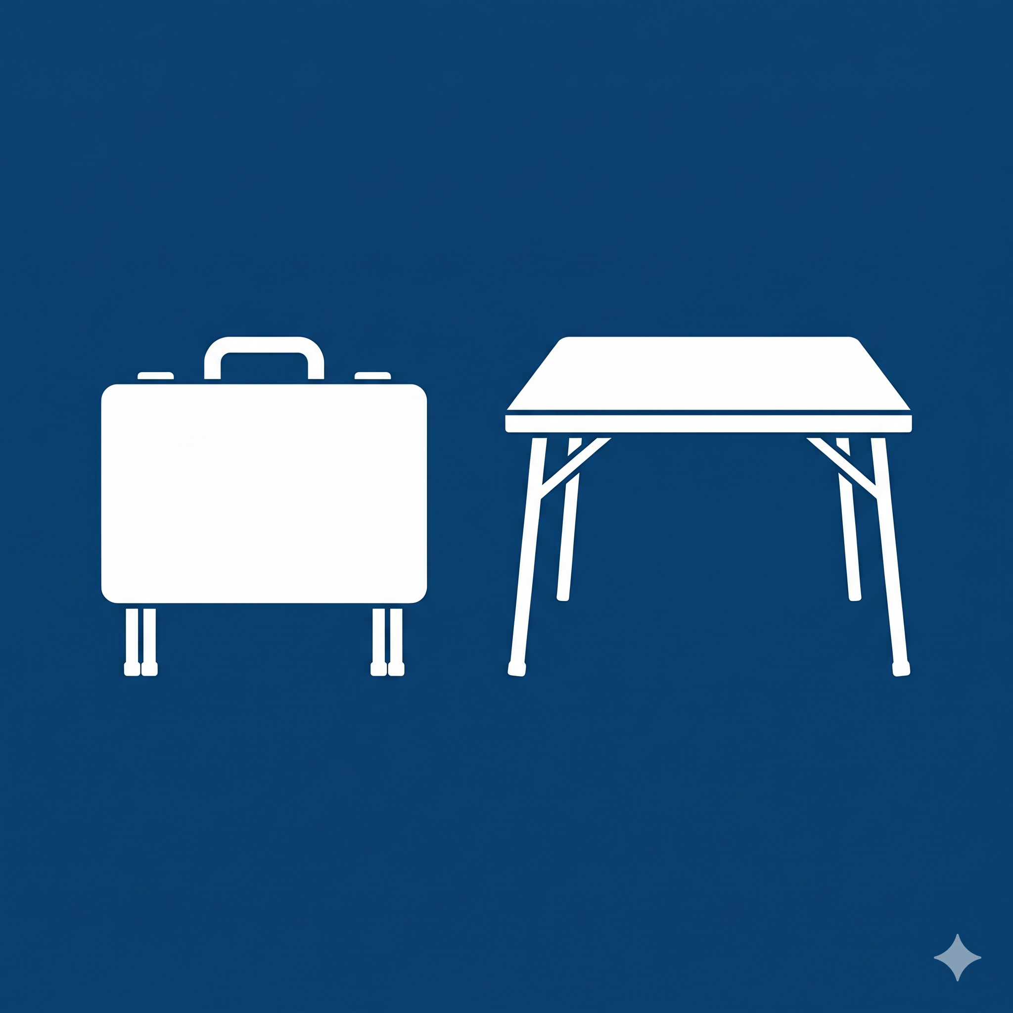 Minimalist white line illustrations of a suitcase and a table on a dark blue background.