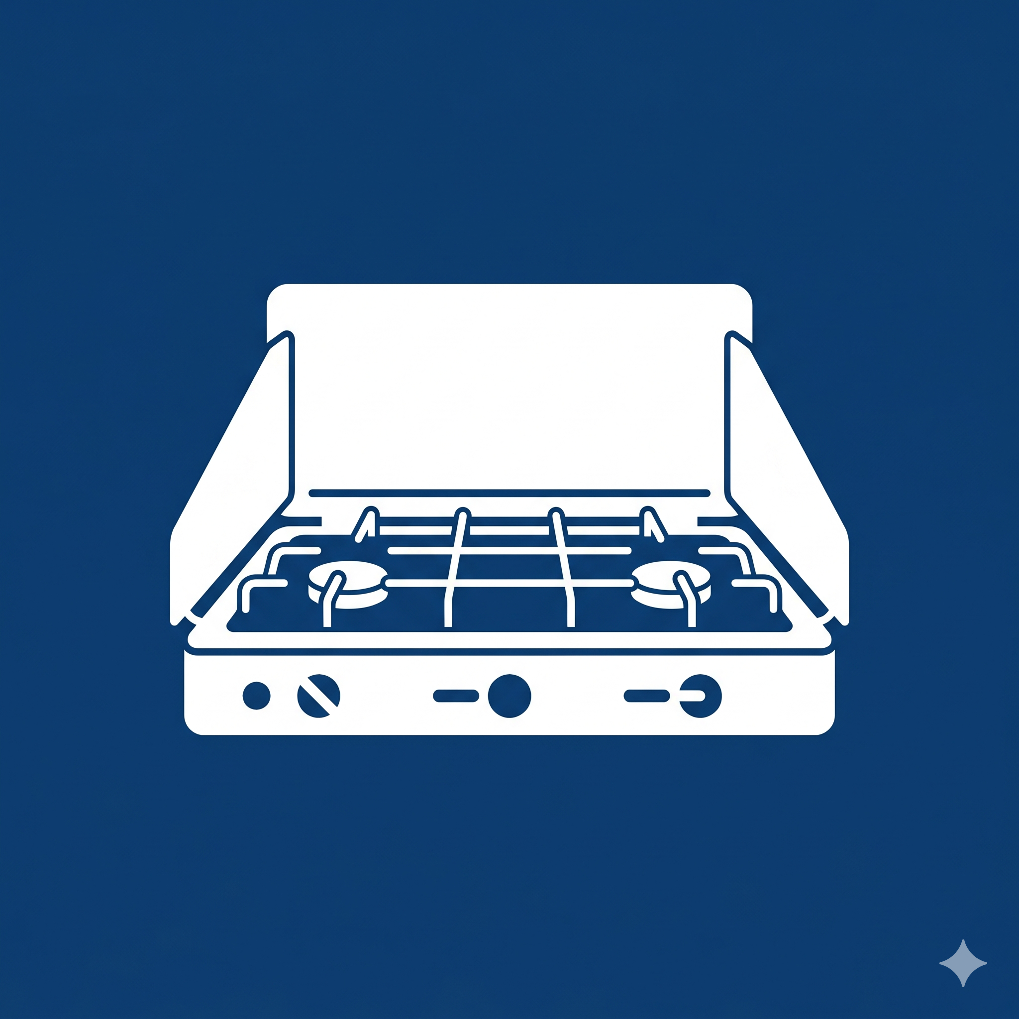 Illustration of a gas stove burner with a white control panel and a blue background.