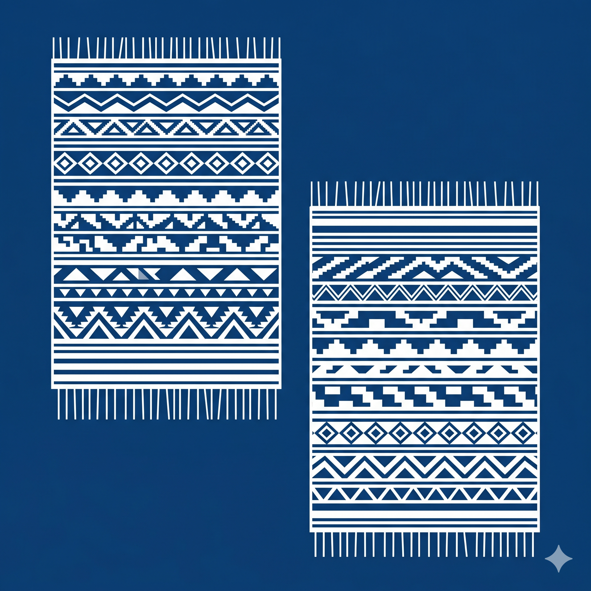 White geometric tribal patterns on a blue background.