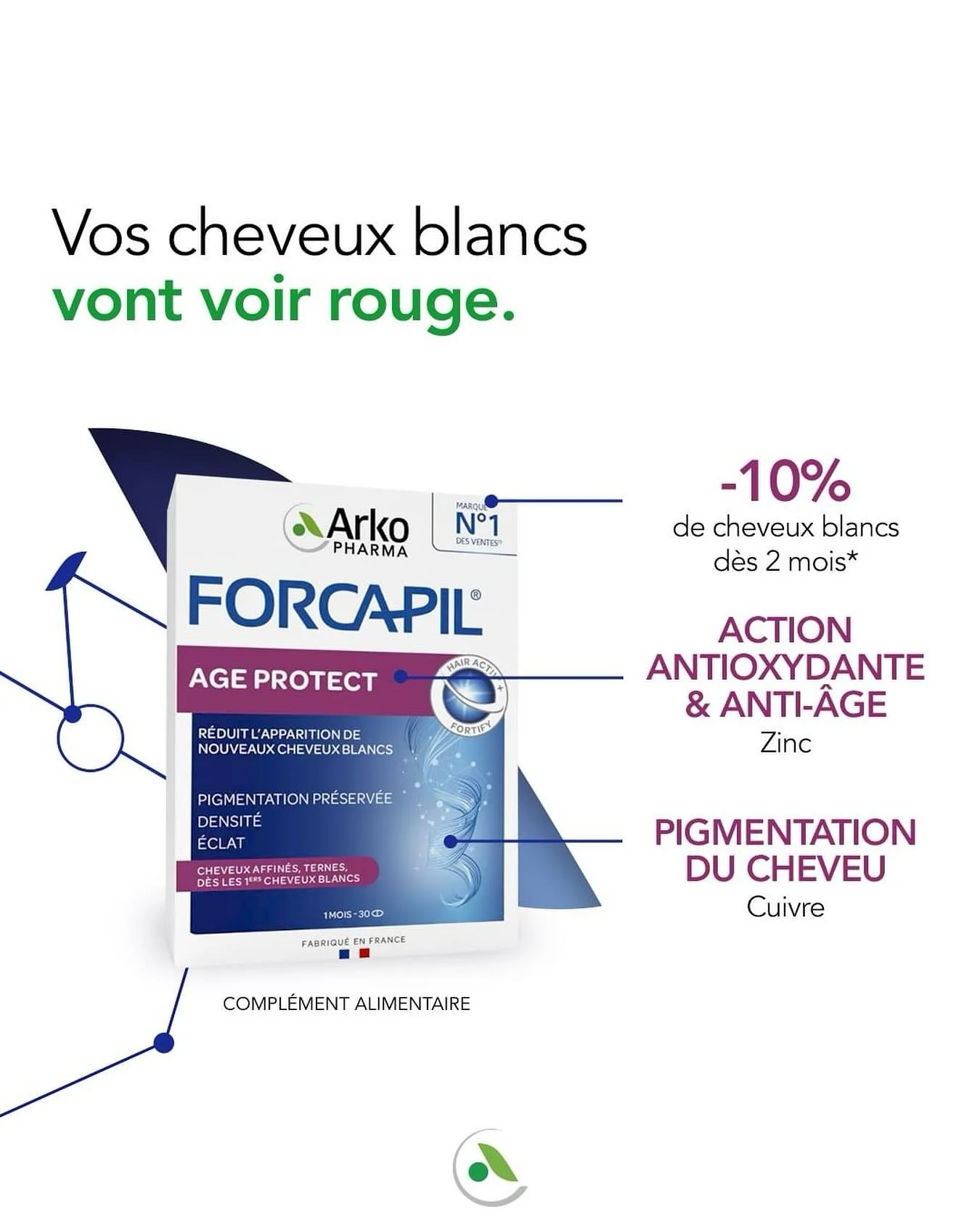 ✨[NOUVEAU : ANTI-&Acirc;GE CHEVEUX]✨
Mais parce qu&rsquo;il n&rsquo;y a pas que l&rsquo;action sur les cheveux blancs qui compte, FORCAPIL&reg; AGE PROTECT se distingue par sa formule enrichie en Vitamines B et Zinc, stimulant &agrave; la fois la den