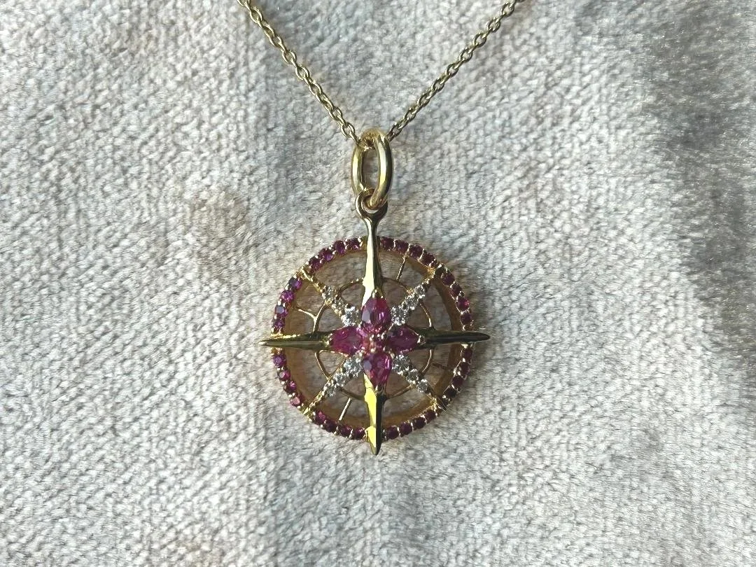 ruby and diamond compass necklace with velvet background
