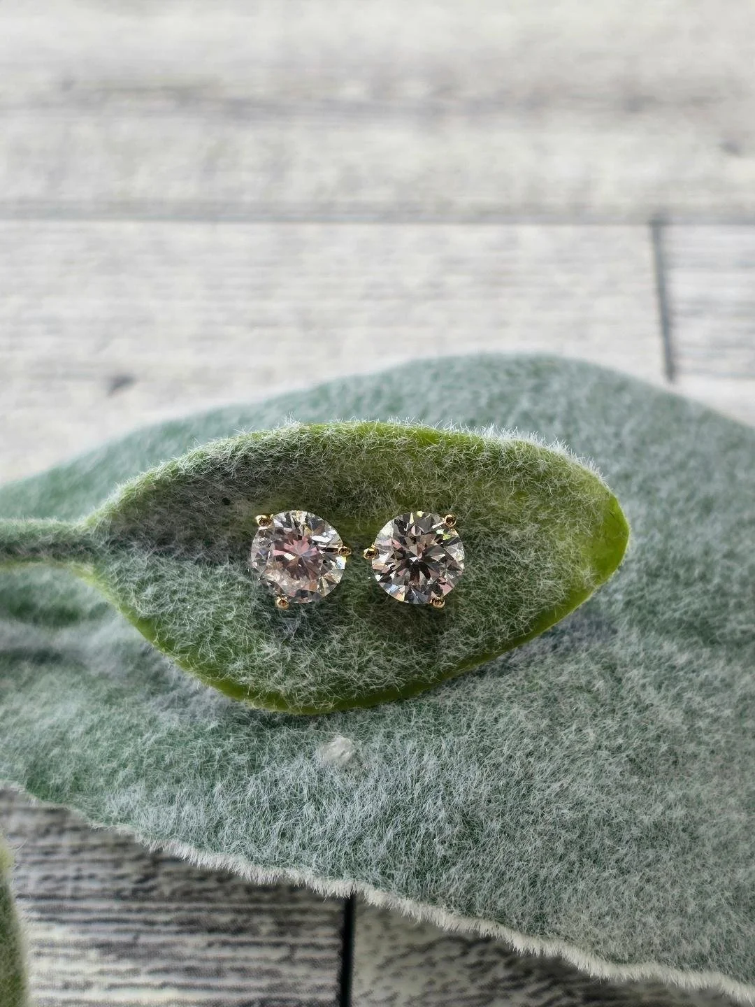 Front view of lab grown diamond studs set in a leaf on a white wooden background
