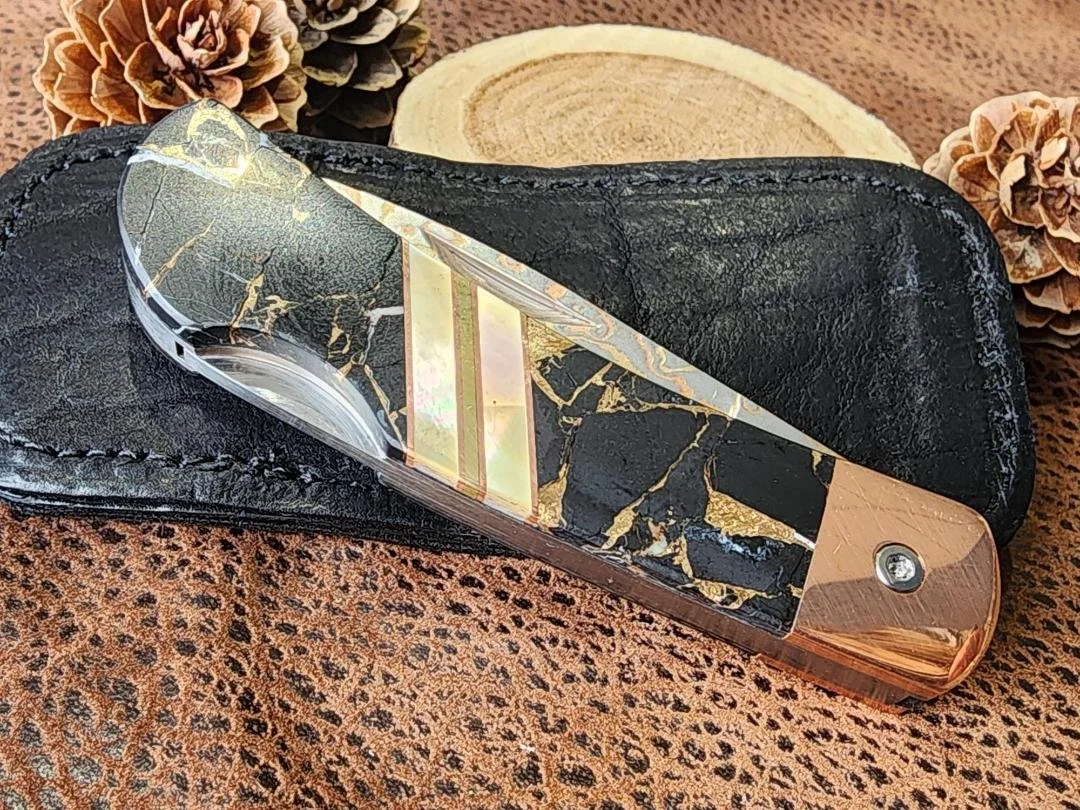 3" Copper And Brass Damascus Black Buffalo Knife